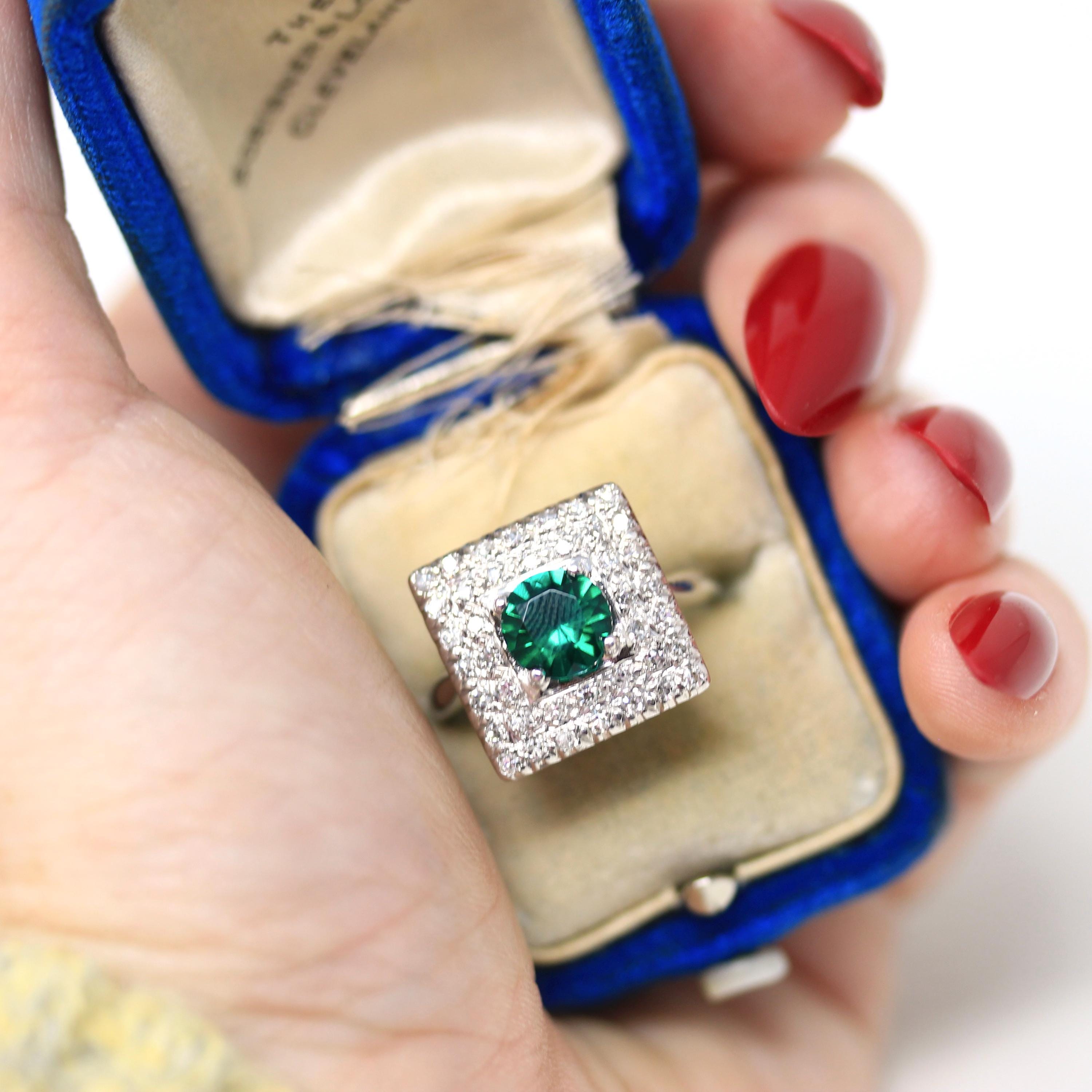 Square Halo Ring - Estate 14k White Gold Created Emerald Natural Diamond Statement - Modern Circa 2000s Era Size 7 1/2 Green Fine Jewelry