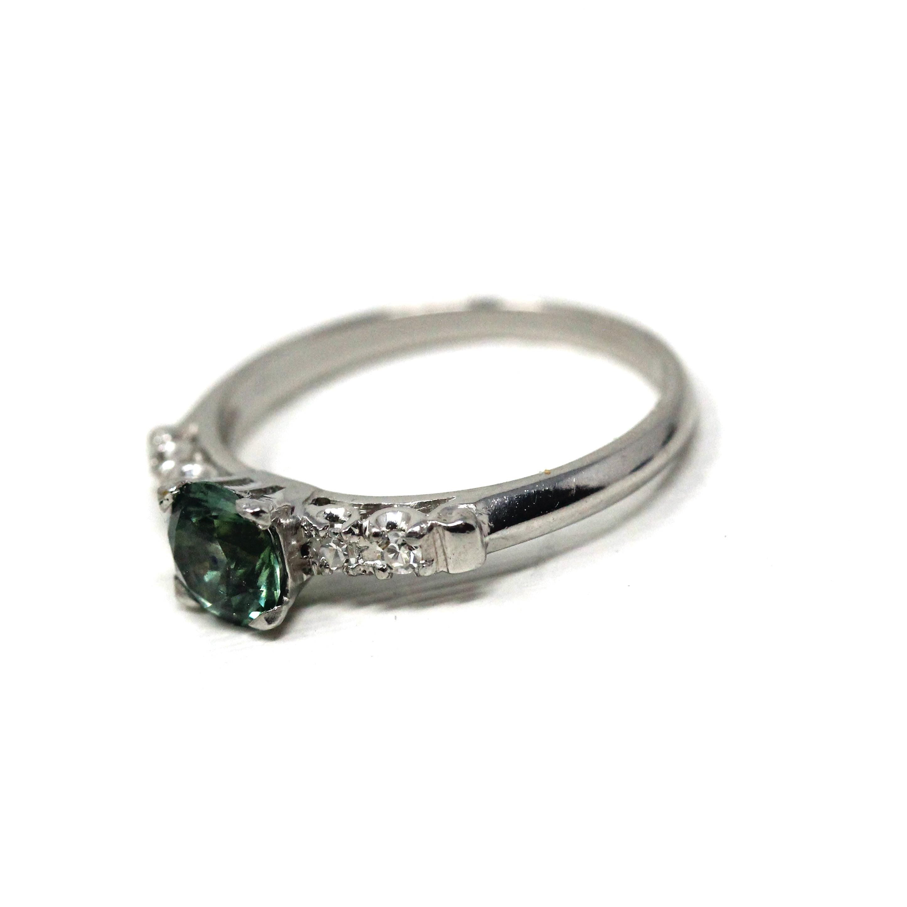 Montana Sapphire & Diamond Ring - Mid Century Platinum Alternative Engagement Natural Green Gemstone - Vintage 1950s Size 5 3/4 Fine Jewelry