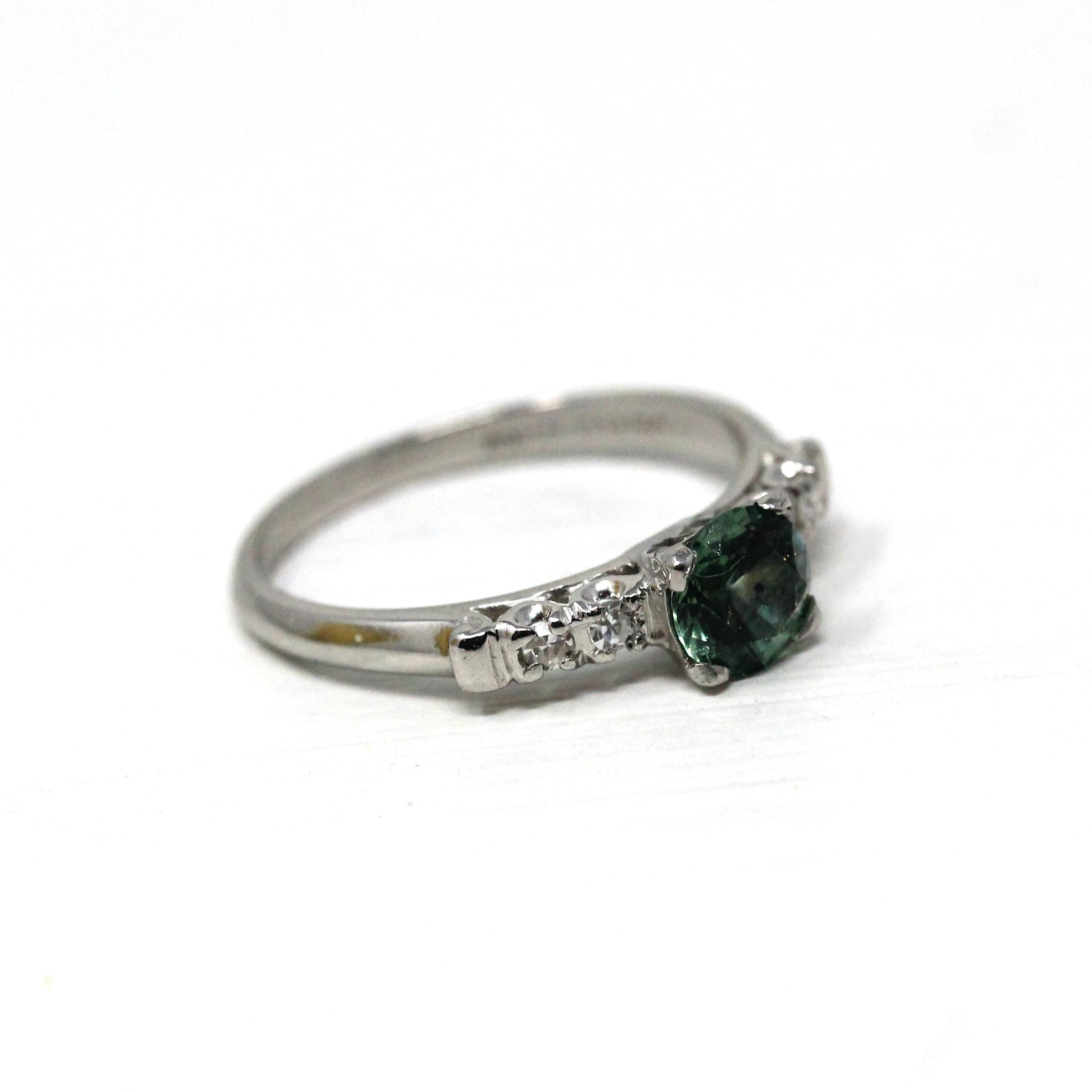 Montana Sapphire & Diamond Ring - Mid Century Platinum Alternative Engagement Natural Green Gemstone - Vintage 1950s Size 5 3/4 Fine Jewelry