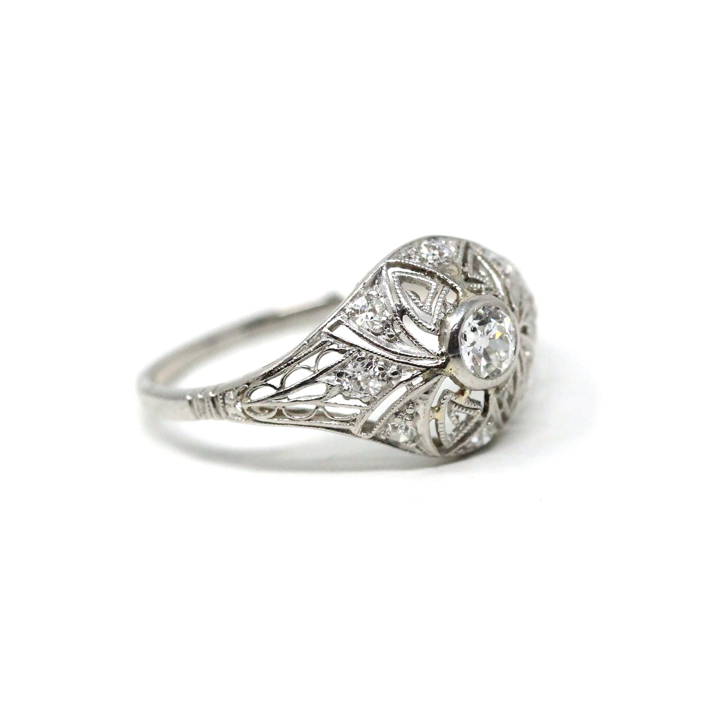 Antique Diamond Ring - Art Deco Platinum Natural Diamonds Filigree Bridal Statement - Circa 1920s Era Size 5 1/4 Fine Engagement 20s Jewelry
