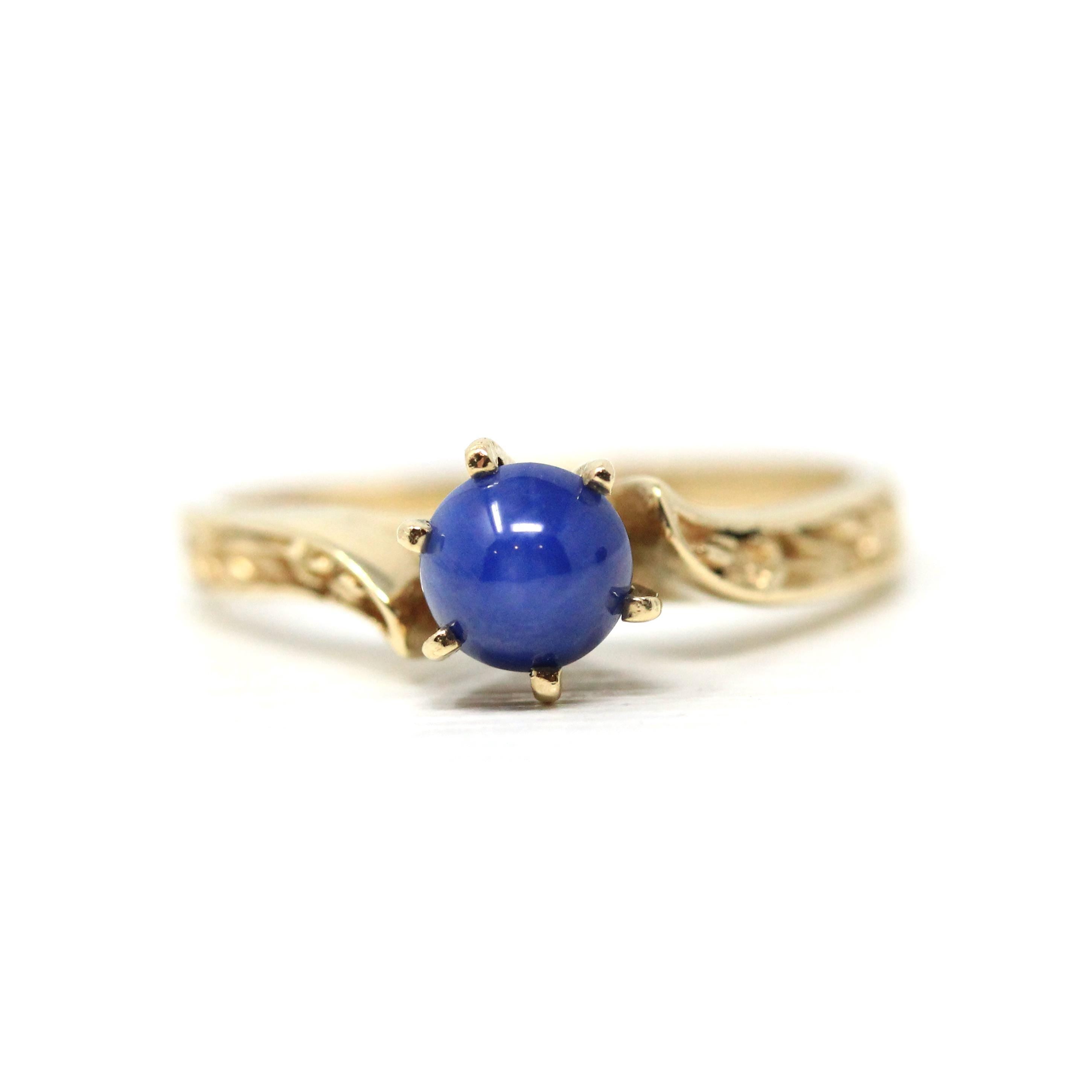 Created Star Sapphire Ring - Retro 10k Yellow Gold Cabochon .47 CT Gemstone - Vintage Circa 1970s Size 6 September Birthstone Fine Jewelry