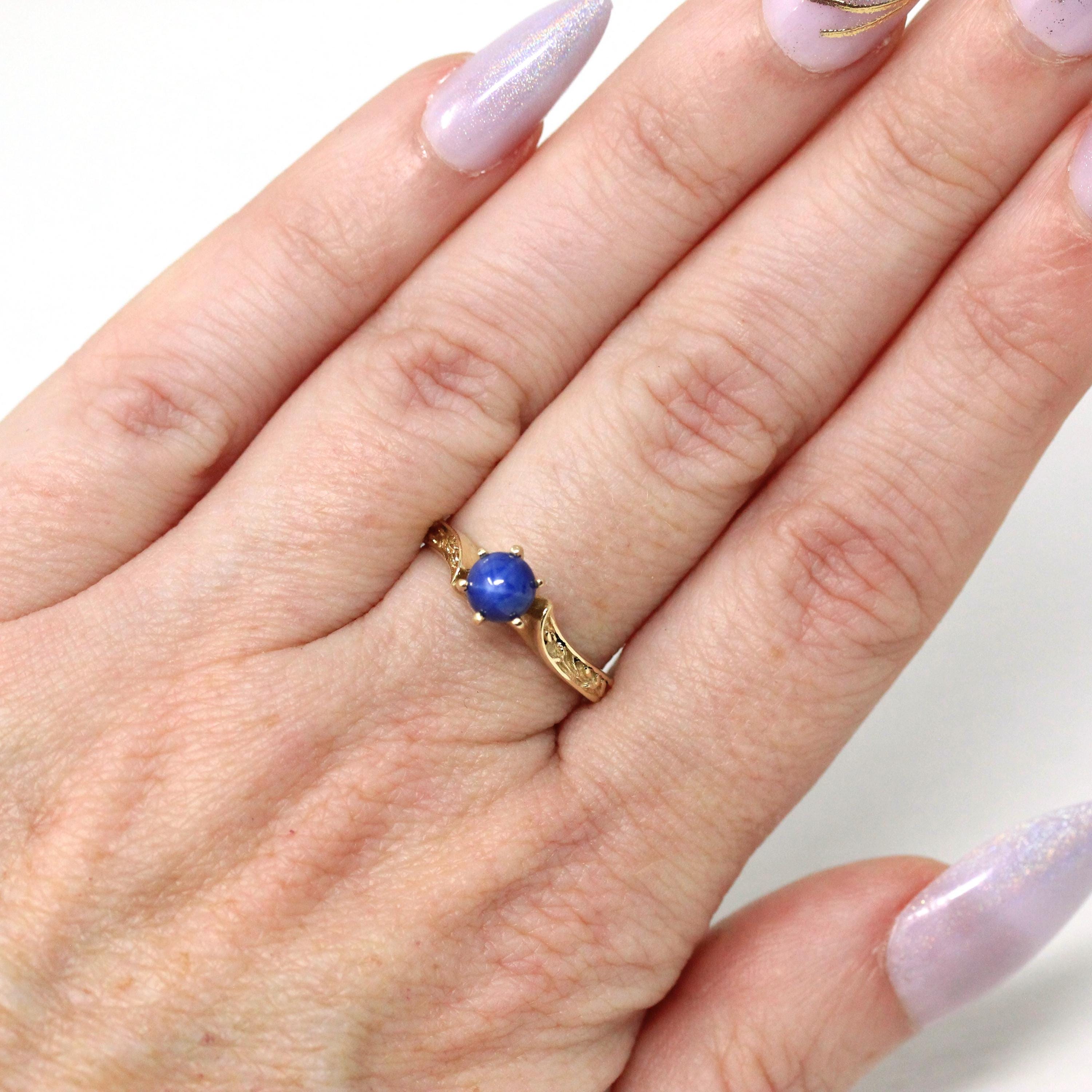 Created Star Sapphire Ring - Retro 10k Yellow Gold Cabochon .47 CT Gemstone - Vintage Circa 1970s Size 6 September Birthstone Fine Jewelry