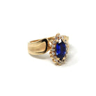 Marquise Halo Ring - Modern 14k Yellow Gold Created Sapphire Natural Diamond Gemstones - Estate Circa 1990s Size 6 Engagement Fine Jewelry