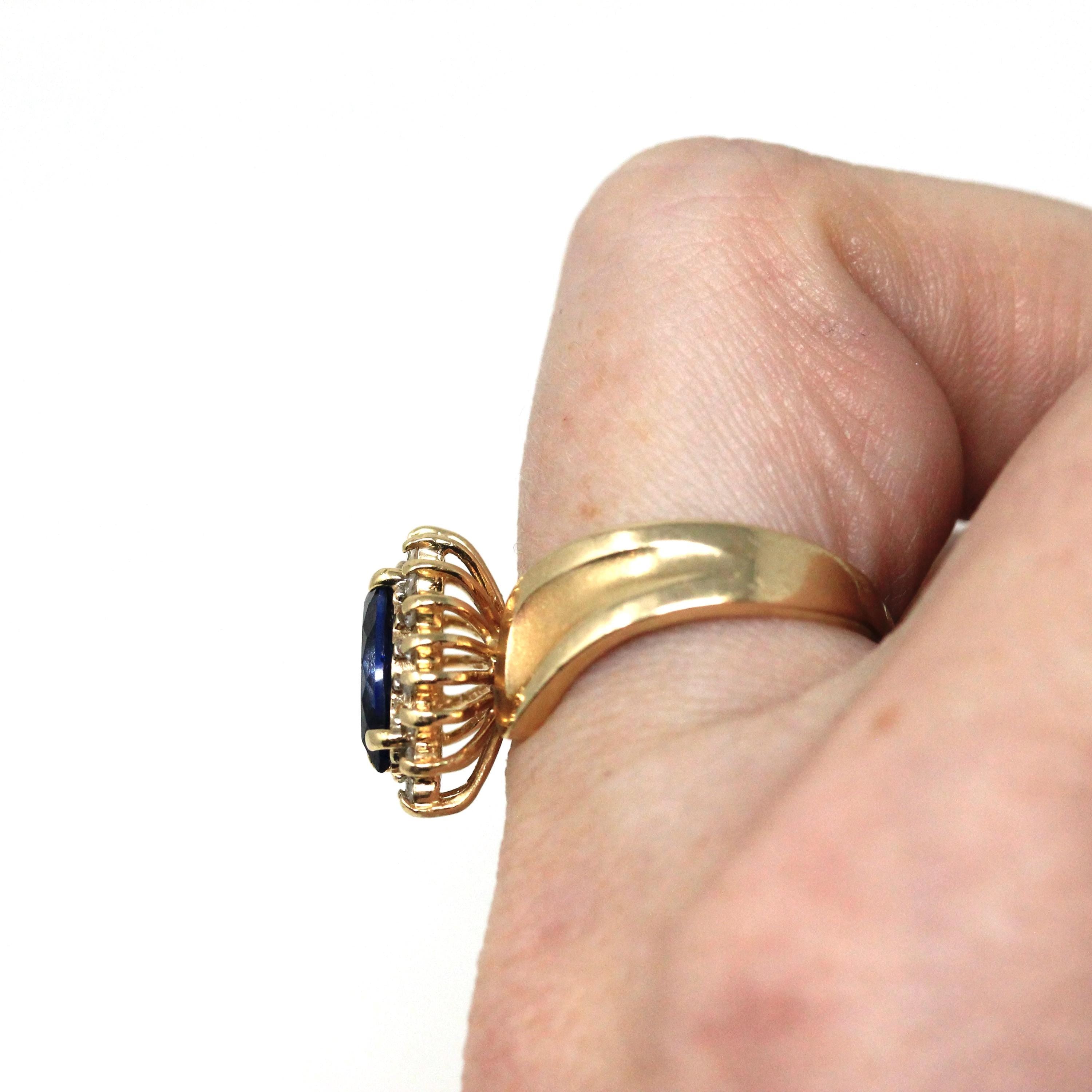 Marquise Halo Ring - Modern 14k Yellow Gold Created Sapphire Natural Diamond Gemstones - Estate Circa 1990s Size 6 Engagement Fine Jewelry