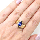 Marquise Halo Ring - Modern 14k Yellow Gold Created Sapphire Natural Diamond Gemstones - Estate Circa 1990s Size 6 Engagement Fine Jewelry