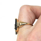 Vintage Onyx Ring - Retro 10k Yellow Gold Rectangular Cut Natural Black Chalcedony Gem - Circa 1940s Size 6 Statement Fine Diamond Jewelry