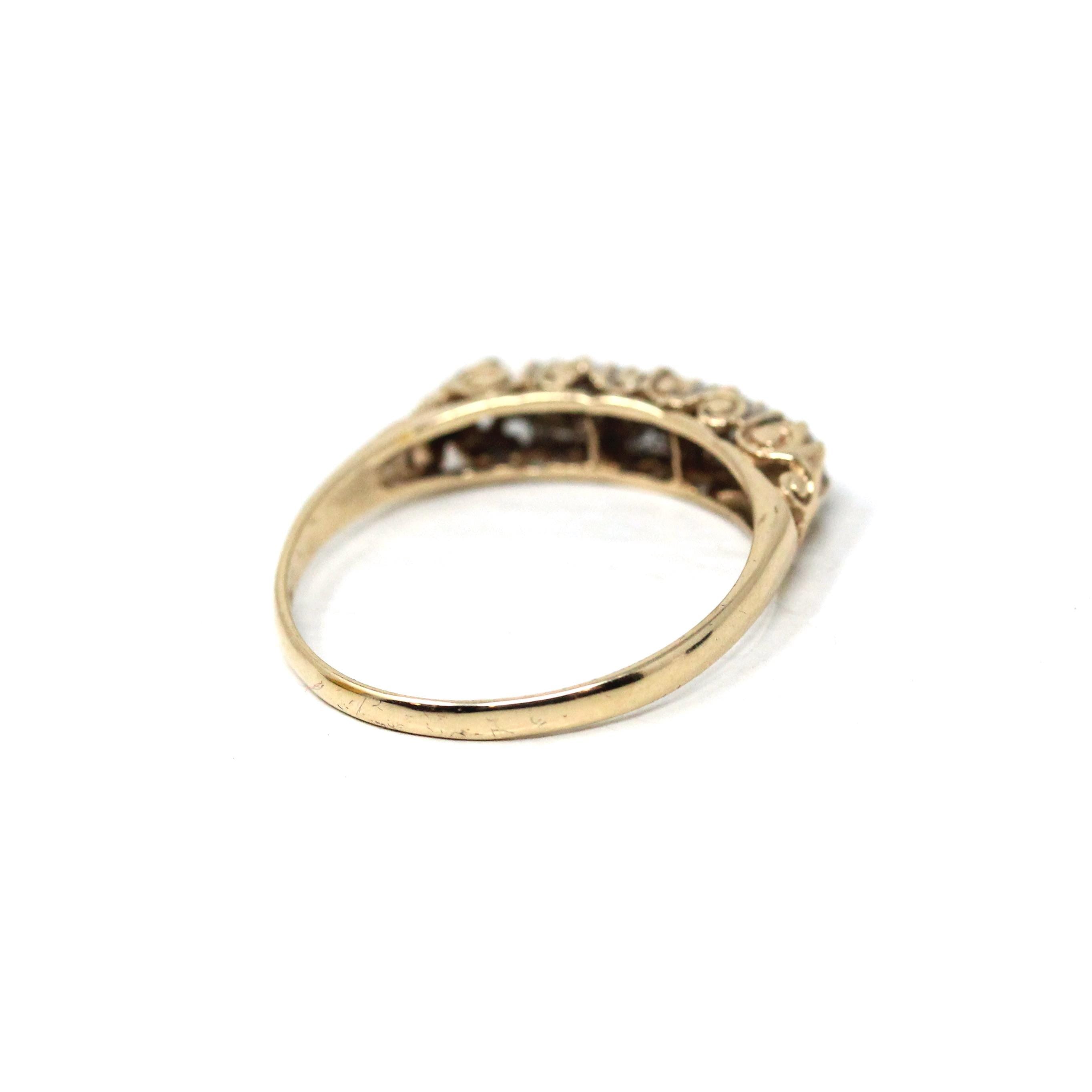 1980s Diamond Band - Vintage 9k Yellow Gold Natural Five Gemstones Wedding Ring - Estate Hallmarked 1981 Era Size 7 3/4 Unisex Fine Jewelry