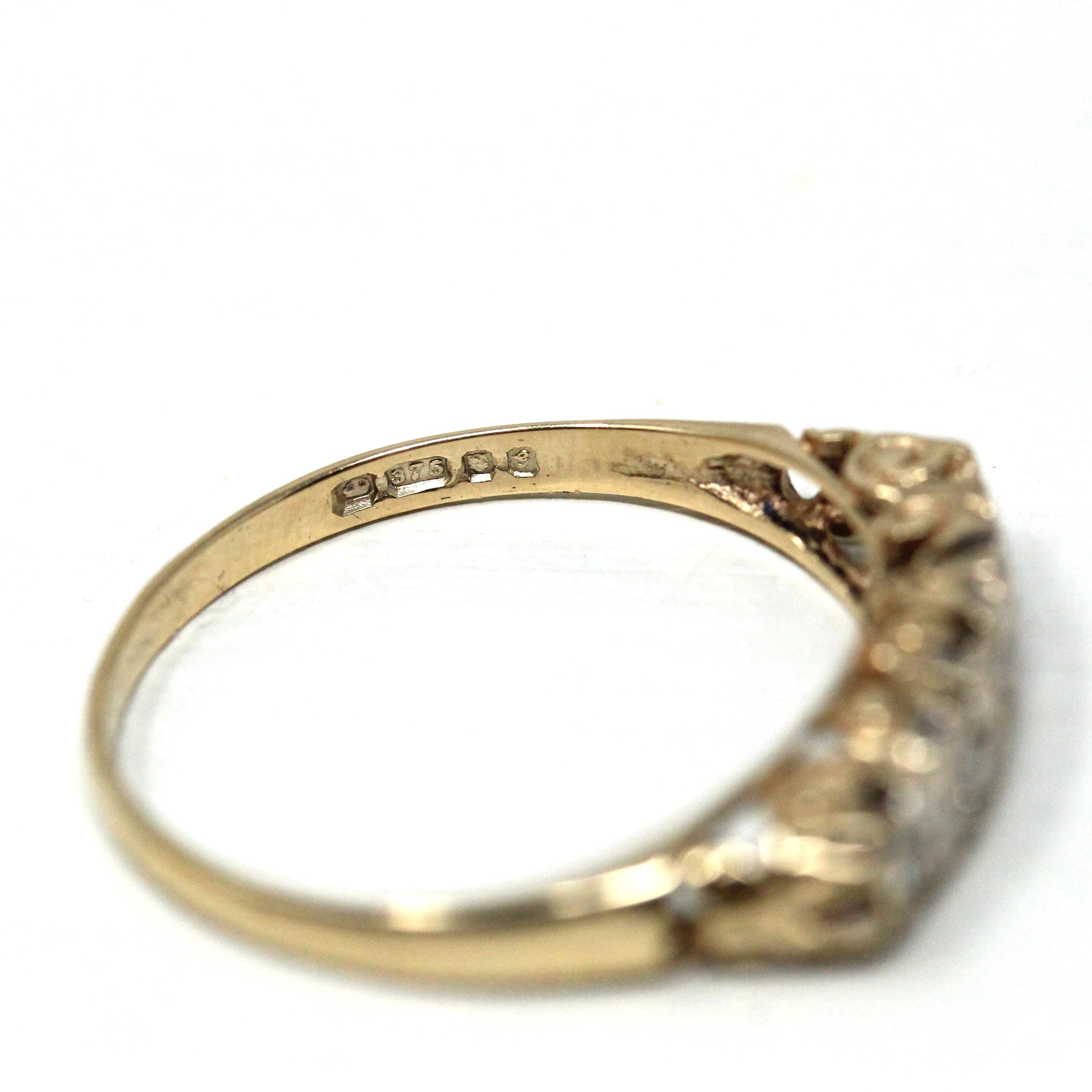 1980s Diamond Band - Vintage 9k Yellow Gold Natural Five Gemstones Wedding Ring - Estate Hallmarked 1981 Era Size 7 3/4 Unisex Fine Jewelry