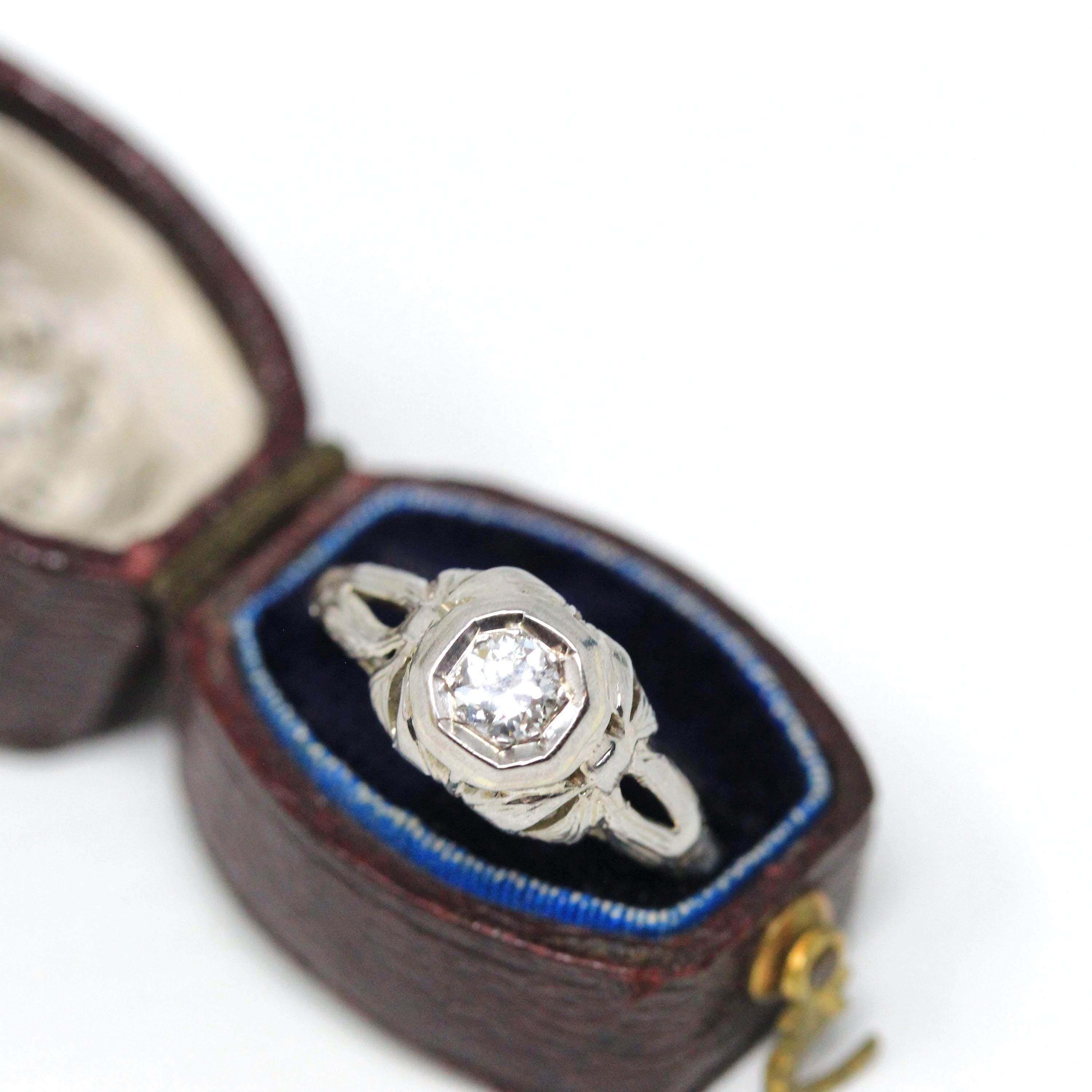 Art Deco Diamond Ring - Vintage 14k White Gold .19 CT Round Natural Gemstone - Circa 1930s Era Size 5.5 Engagement Bow Filigree Fine Jewelry