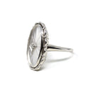 Rock Crystal Quartz Ring - Vintage 10k White Gold Natural Diamond Statement - Mid Century 1950s Size 6 1/4 Clear Frosted Oval Fine Jewelry