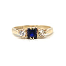 Modern Three Stone Ring - Estate 9k Yellow Gold Created Blue Sapphire & White Spinel Gemstones - Hallmarked 1989 Size 7 3/4 Fine 80s Jewelry