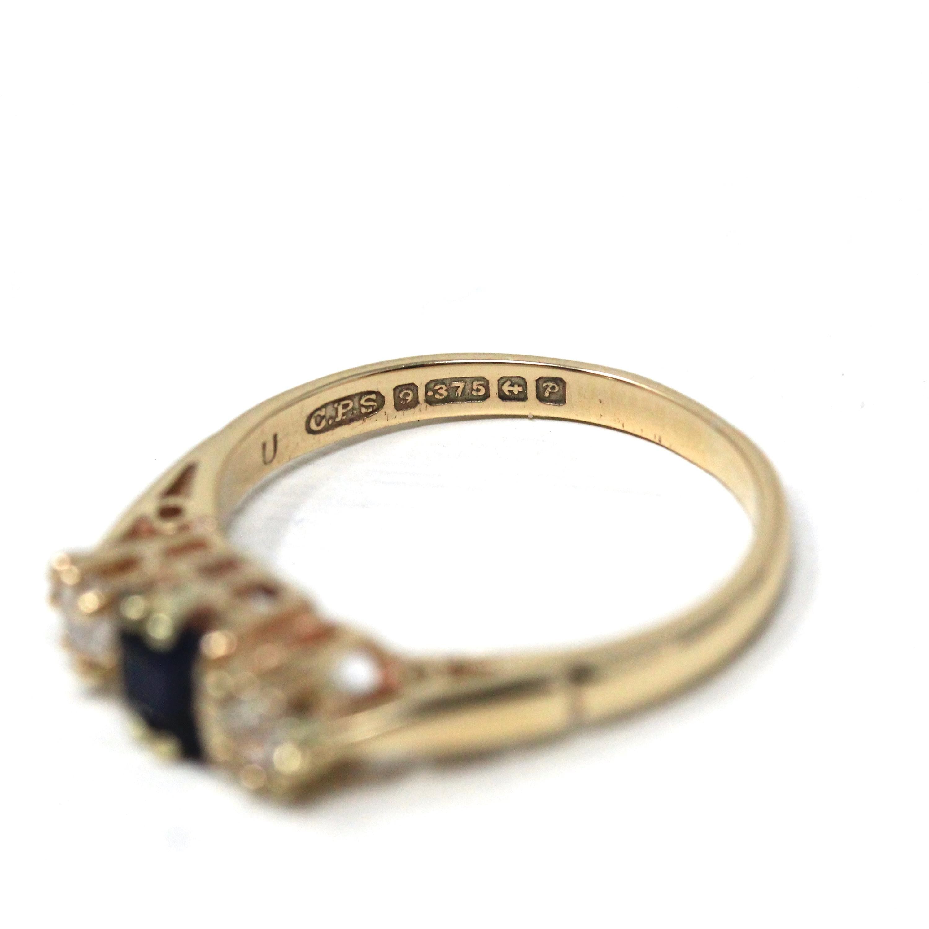 Modern Three Stone Ring - Estate 9k Yellow Gold Created Blue Sapphire & White Spinel Gemstones - Hallmarked 1989 Size 7 3/4 Fine 80s Jewelry