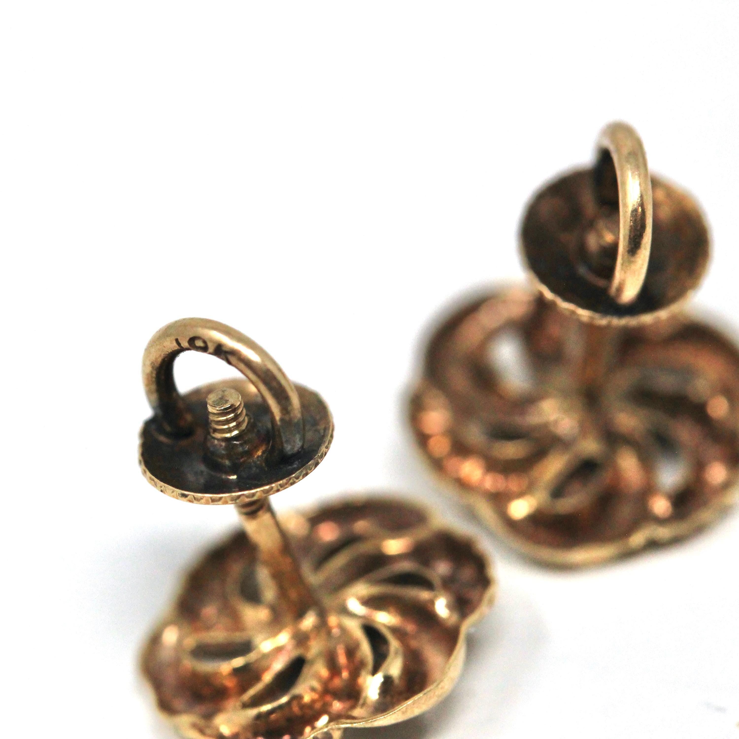 Vintage Pinwheel Earrings - Retro 10k Yellow & White Gold Natural Diamond Flower Screwback Studs - Circa 1940s Era Pierced Fine 40s Jewelry