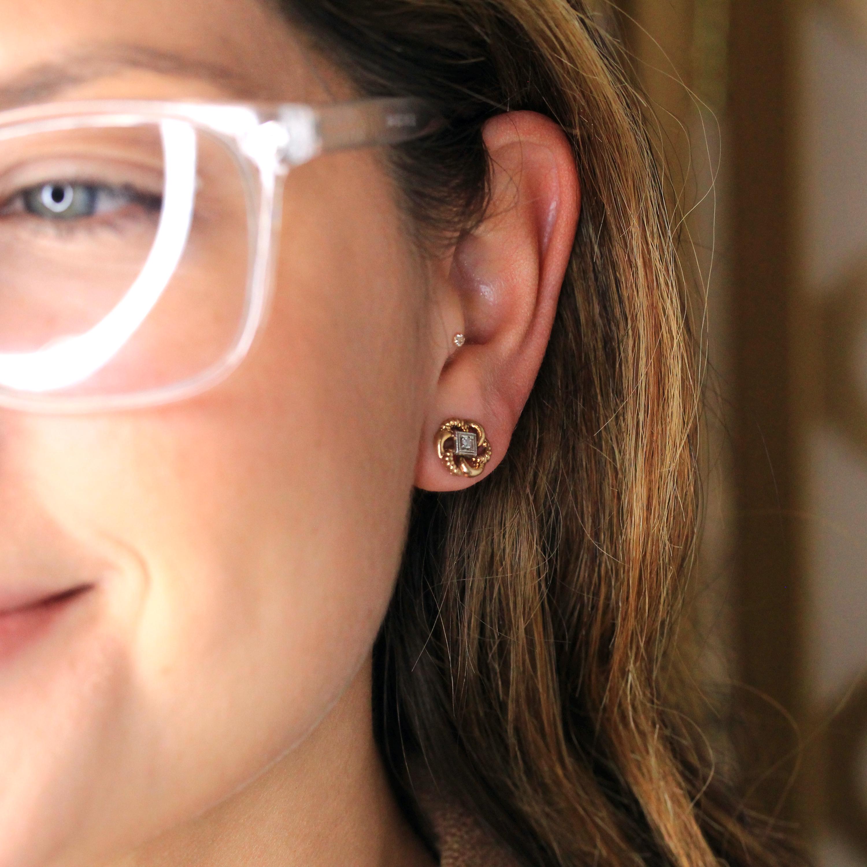 Vintage Pinwheel Earrings - Retro 10k Yellow & White Gold Natural Diamond Flower Screwback Studs - Circa 1940s Era Pierced Fine 40s Jewelry