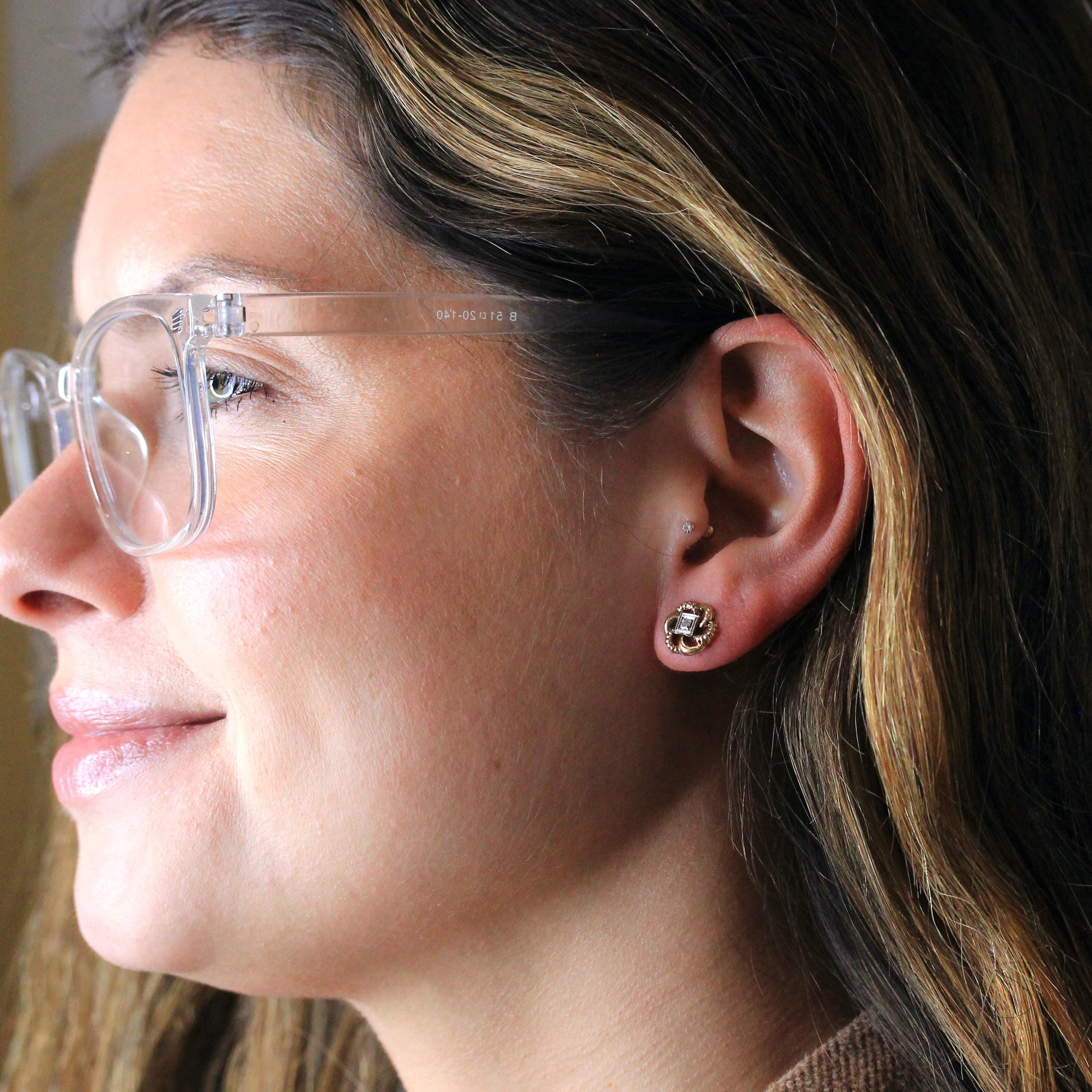 Vintage Pinwheel Earrings - Retro 10k Yellow & White Gold Natural Diamond Flower Screwback Studs - Circa 1940s Era Pierced Fine 40s Jewelry