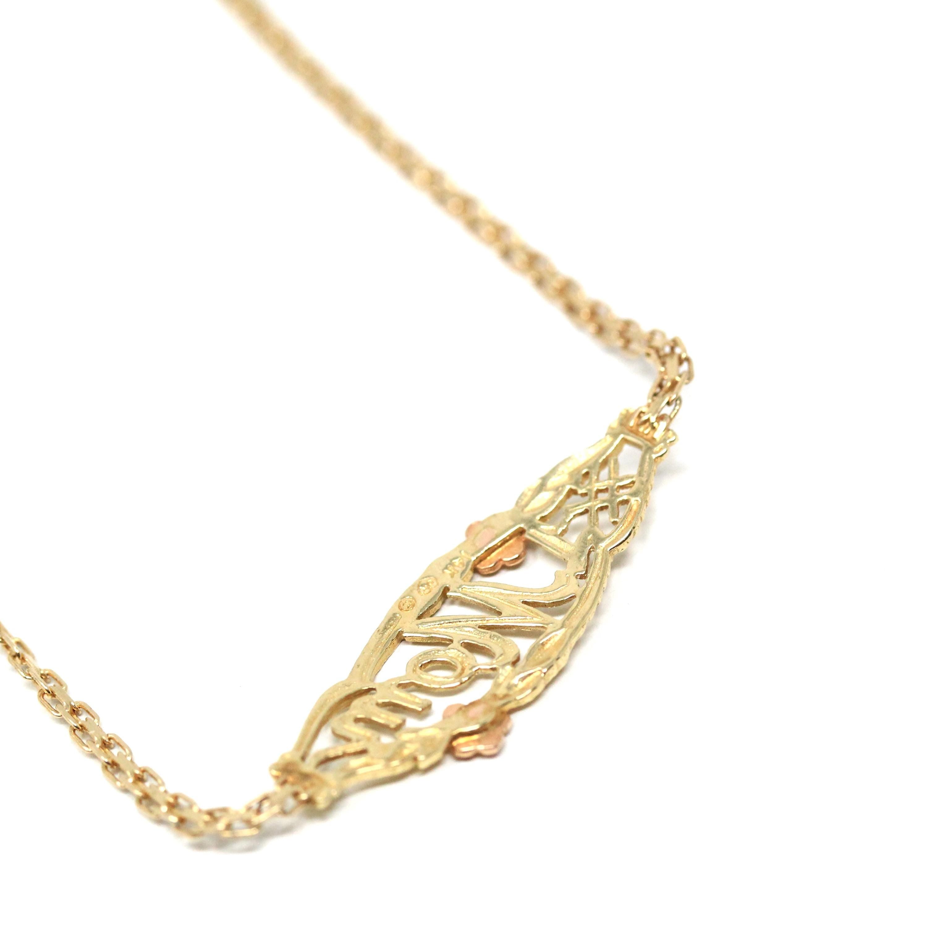 Modern "#1 Mom" Bracelet - Estate 14k Yellow Rose Two Tone Gold Floral Flower Chain Spring Ring Clasp 7 Inches - Circa 2000s Fine Jewelry