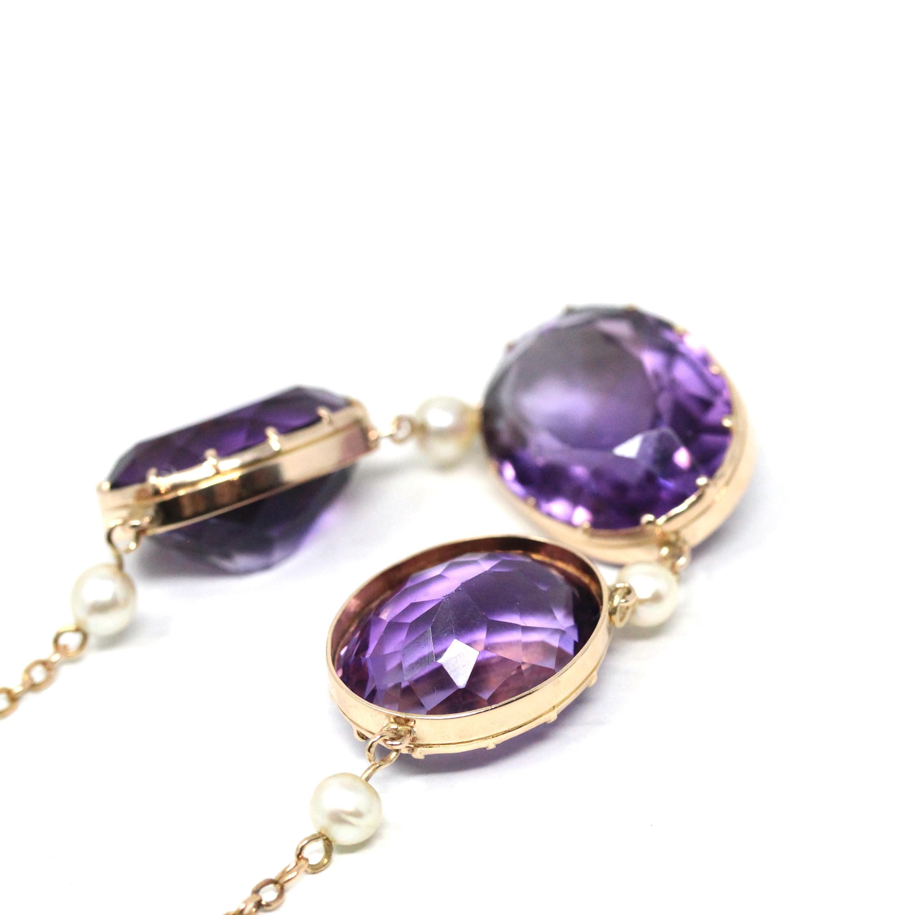Antique Amethyst Necklace - Vintage 9k Rose Gold Natural Faceted Purple Gemstone Cultured Pearl Necklace - Victorian Era 1890s Fine Jewelry
