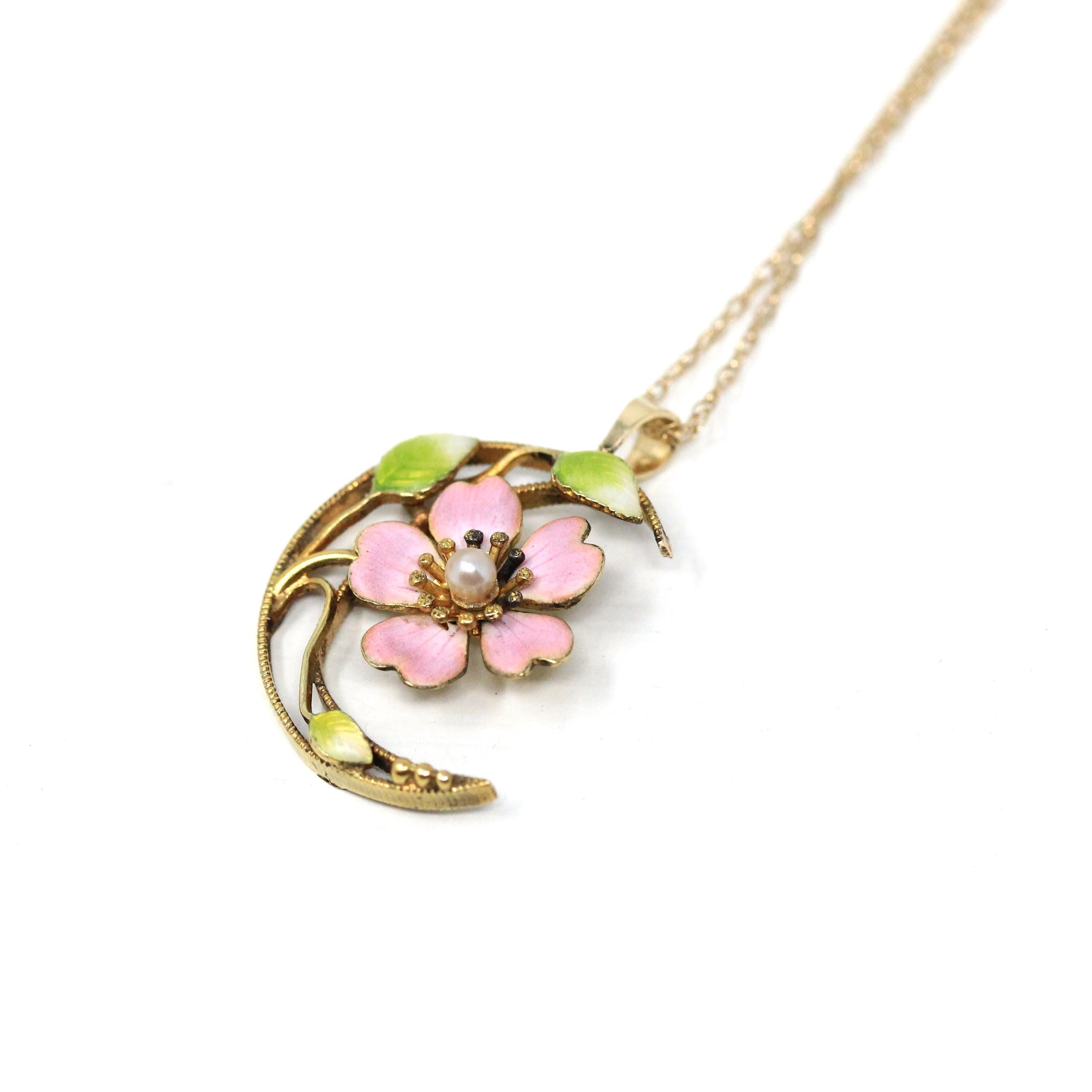 Crescent Moon Pendant - Edwardian 14k Yellow Gold Pink Green Enamel & Cultured Pearl Necklace - Antique Circa 1910s Era Blossom Fine Jewelry