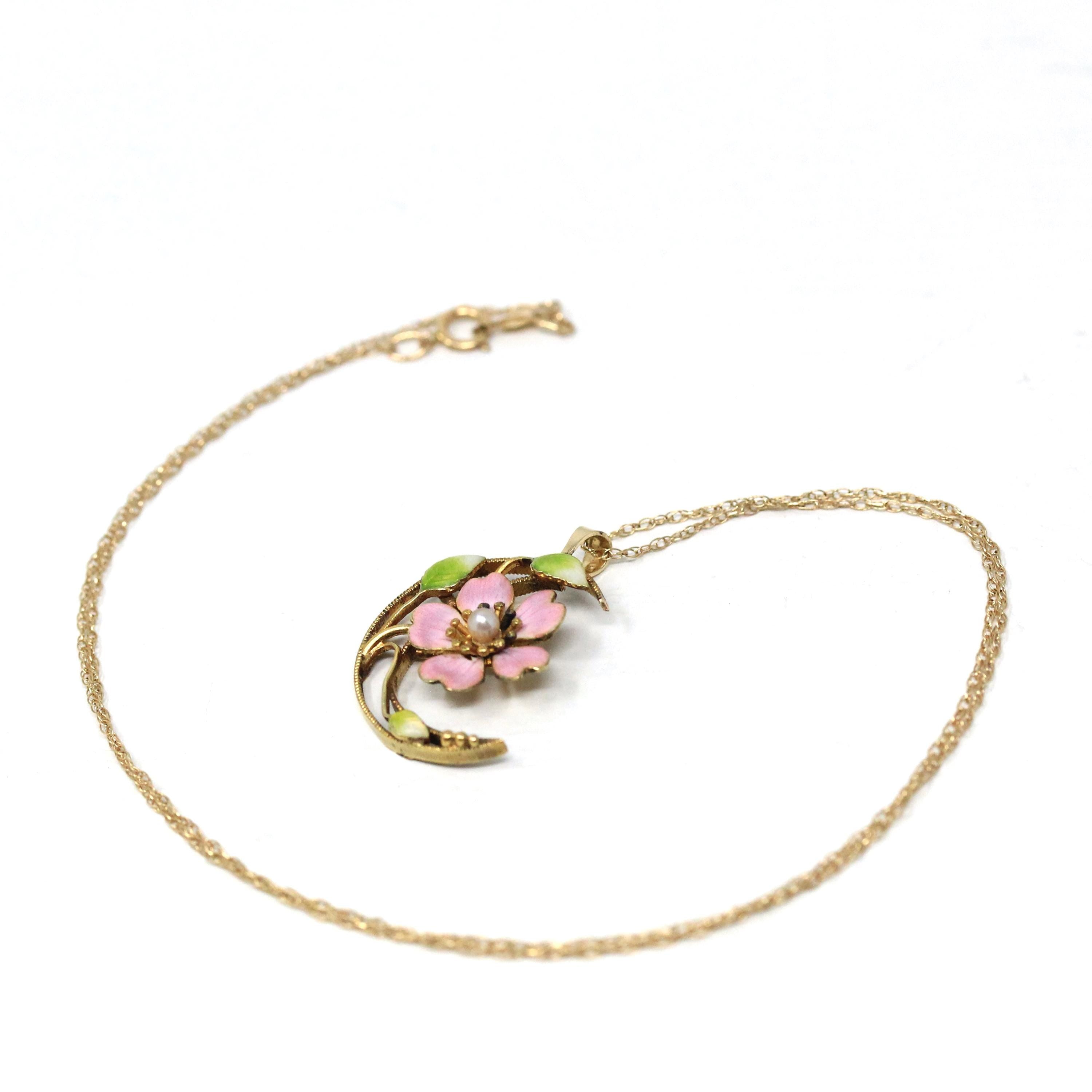 Crescent Moon Pendant - Edwardian 14k Yellow Gold Pink Green Enamel & Cultured Pearl Necklace - Antique Circa 1910s Era Blossom Fine Jewelry