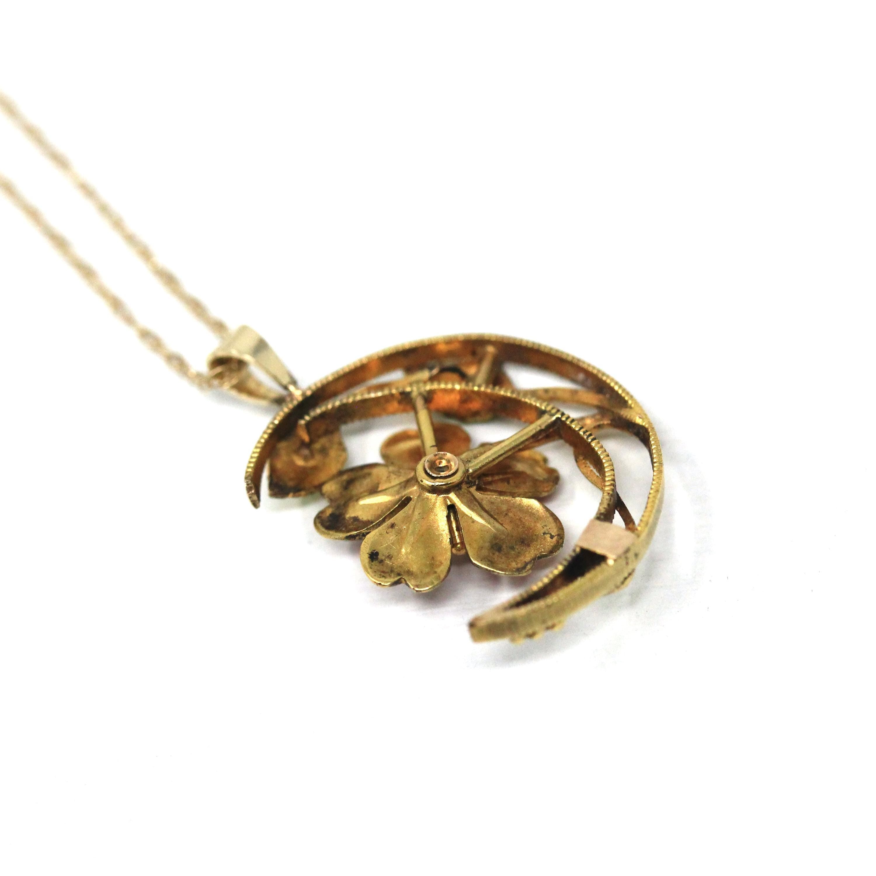 Crescent Moon Pendant - Edwardian 14k Yellow Gold Pink Green Enamel & Cultured Pearl Necklace - Antique Circa 1910s Era Blossom Fine Jewelry