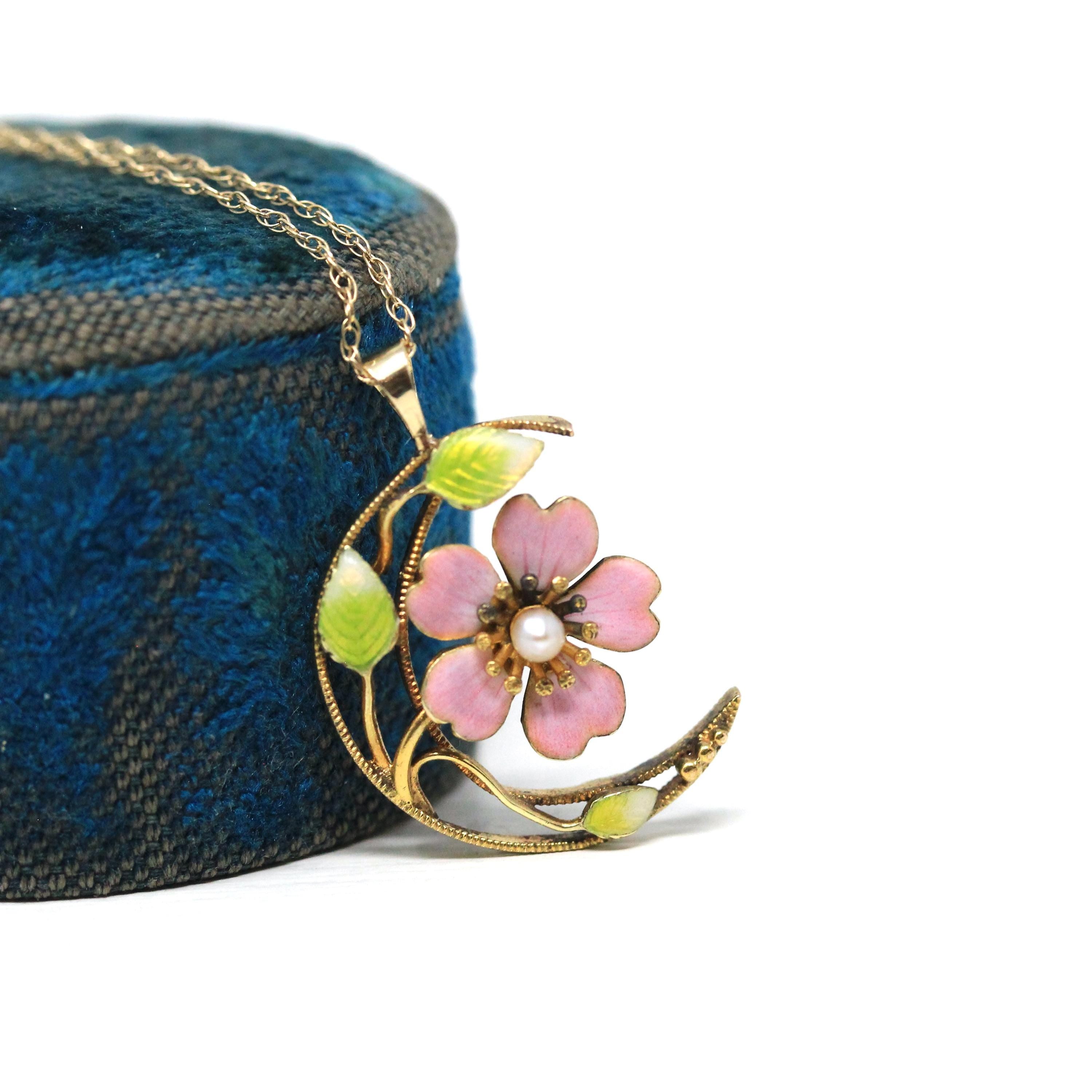 Crescent Moon Pendant - Edwardian 14k Yellow Gold Pink Green Enamel & Cultured Pearl Necklace - Antique Circa 1910s Era Blossom Fine Jewelry