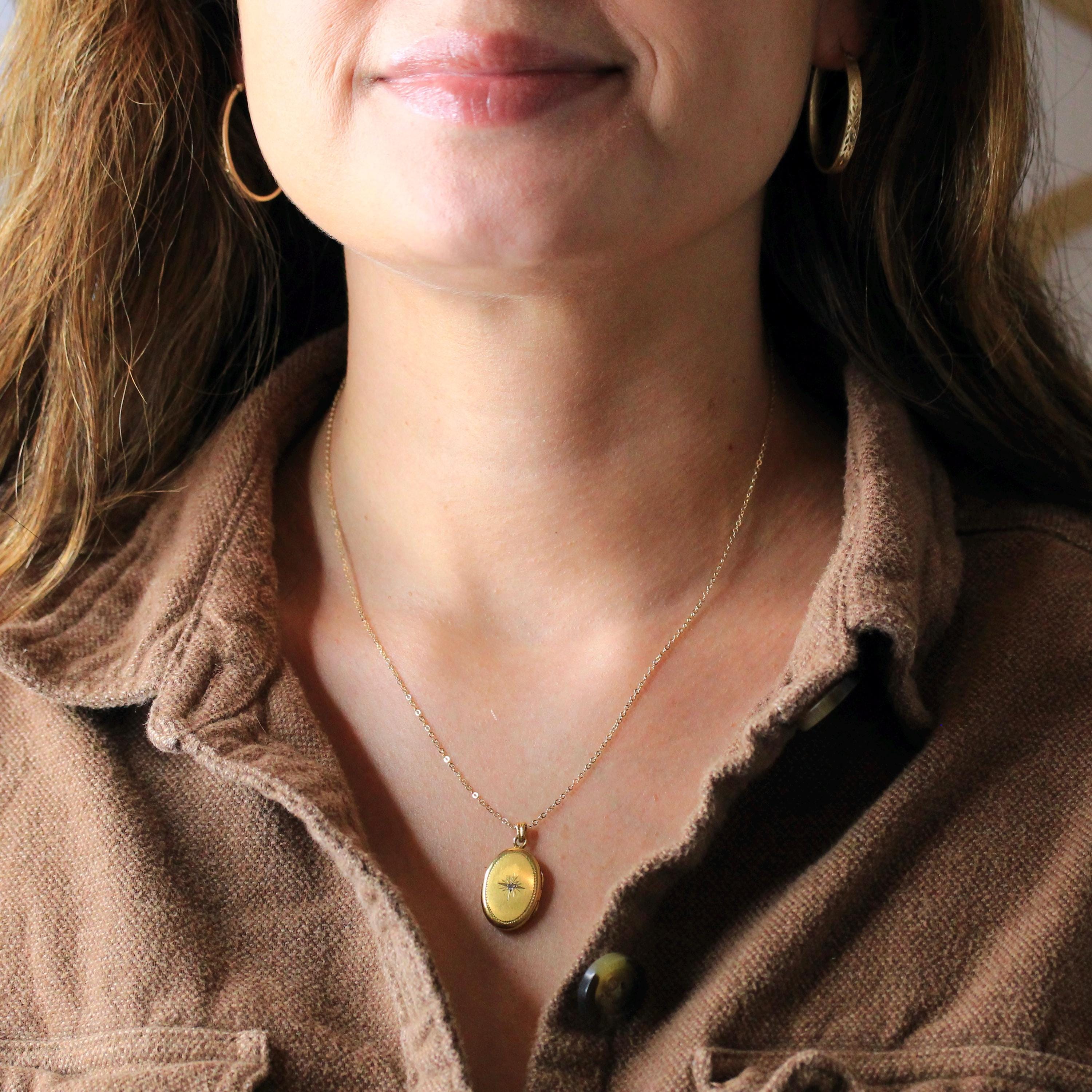 Star Diamond Locket - Retro 12k Gold Filled Oval Celestial Natural Gemstone Pendant Necklace - Vintage Circa 1940s Era Hayward 40s Jewelry