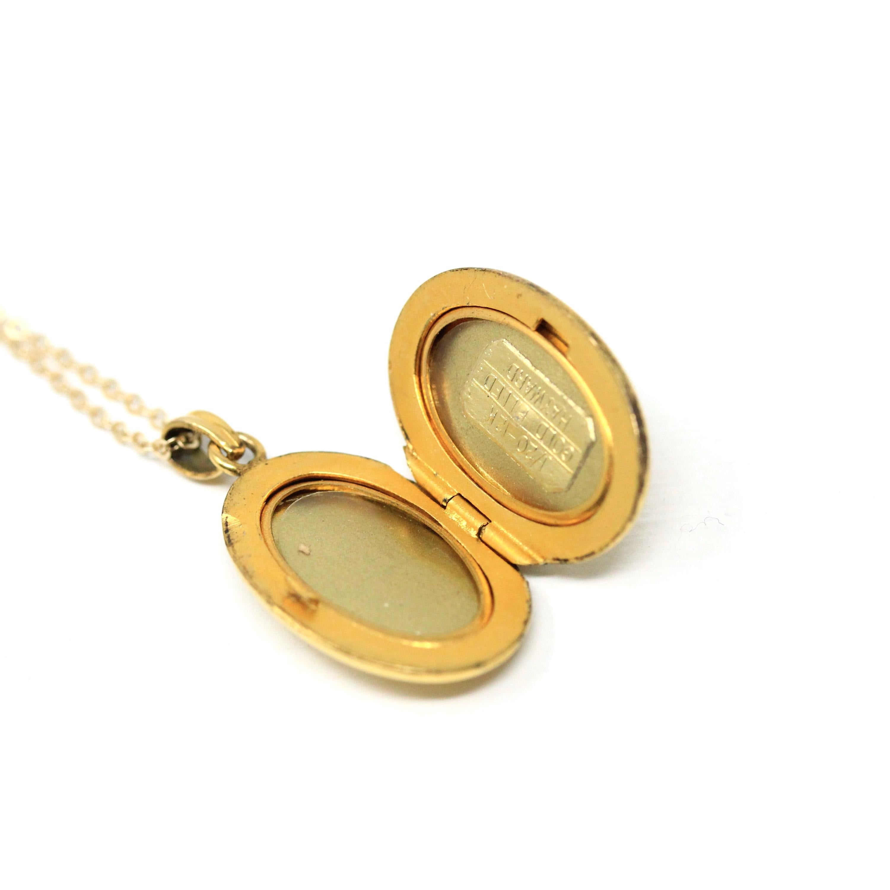 Star Diamond Locket - Retro 12k Gold Filled Oval Celestial Natural Gemstone Pendant Necklace - Vintage Circa 1940s Era Hayward 40s Jewelry