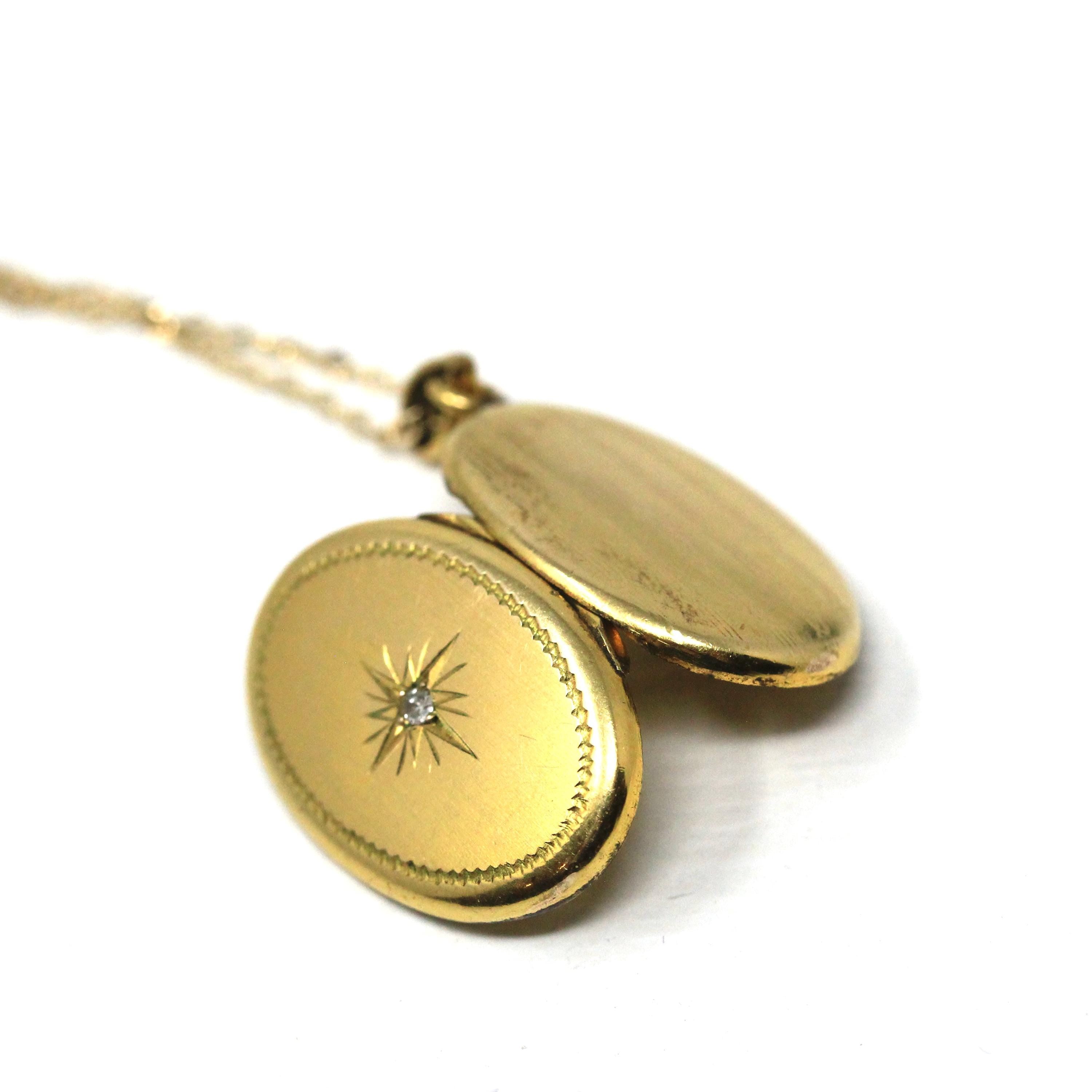 Star Diamond Locket - Retro 12k Gold Filled Oval Celestial Natural Gemstone Pendant Necklace - Vintage Circa 1940s Era Hayward 40s Jewelry