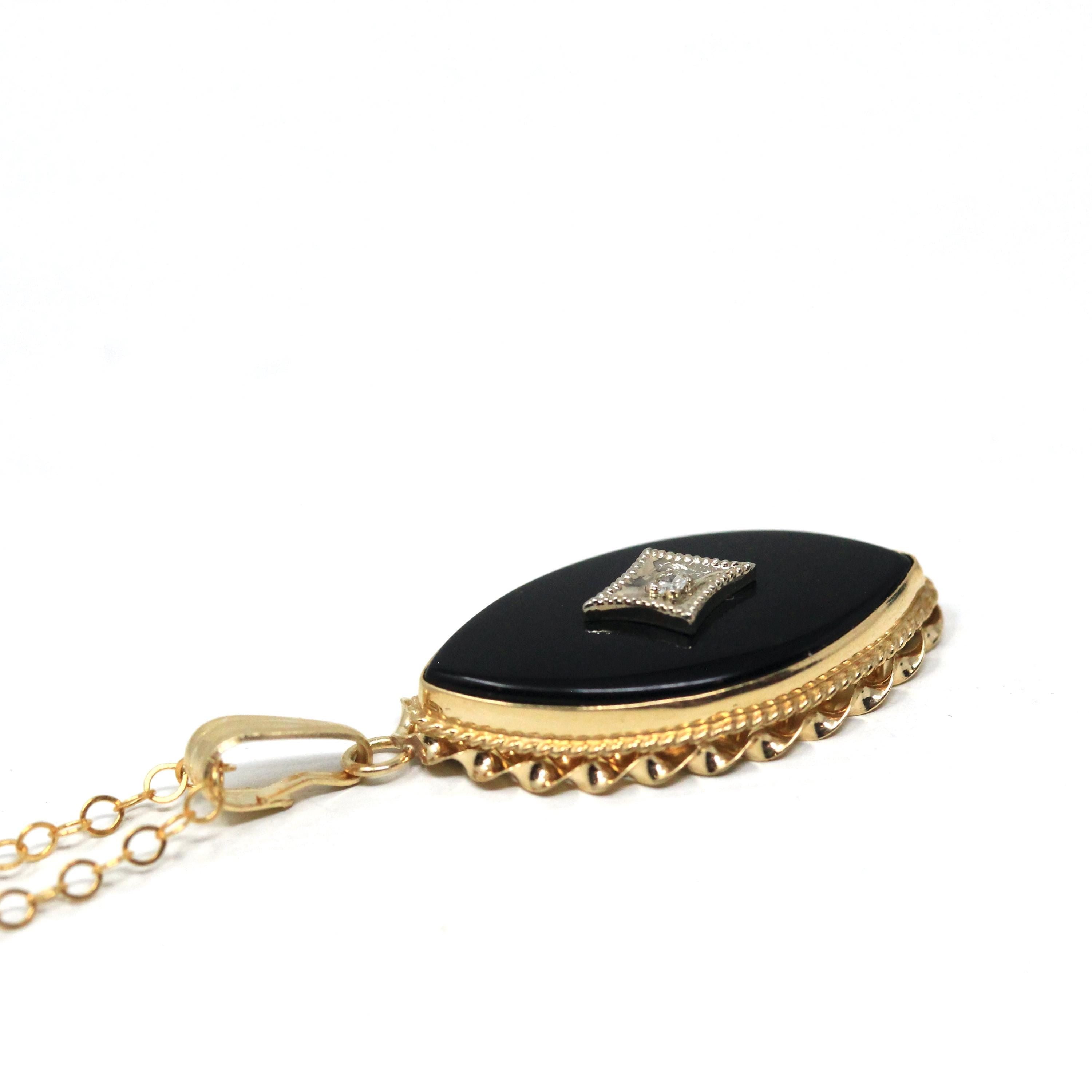 Onyx & Diamond Necklace - Retro 14k Yellow Gold Natural Black Chalcedony Gemstone Pendant Charm - Vintage 1970s Era Navette Fine 70s Jewelry