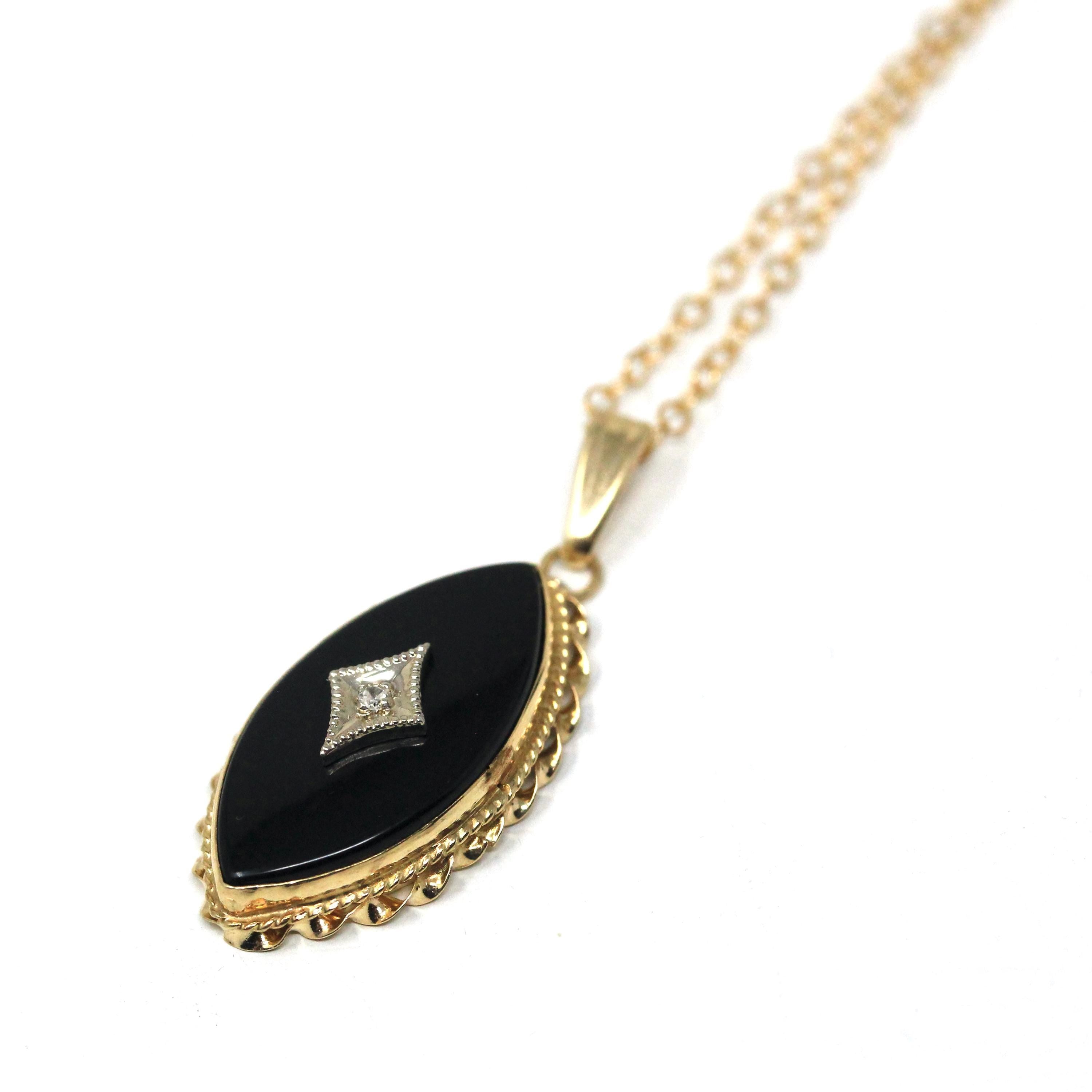 Onyx & Diamond Necklace - Retro 14k Yellow Gold Natural Black Chalcedony Gemstone Pendant Charm - Vintage 1970s Era Navette Fine 70s Jewelry