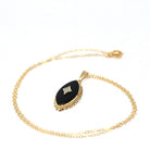 Onyx & Diamond Necklace - Retro 14k Yellow Gold Natural Black Chalcedony Gemstone Pendant Charm - Vintage 1970s Era Navette Fine 70s Jewelry