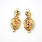 Victorian Etruscan Earrings - Antique 14k Yellow Gold Dangle Cultured Pearls - Vintage 1870s Ornate Revival Fine Bridal Wedding Jewelry