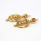 Victorian Etruscan Earrings - Antique 14k Yellow Gold Dangle Cultured Pearls - Vintage 1870s Ornate Revival Fine Bridal Wedding Jewelry