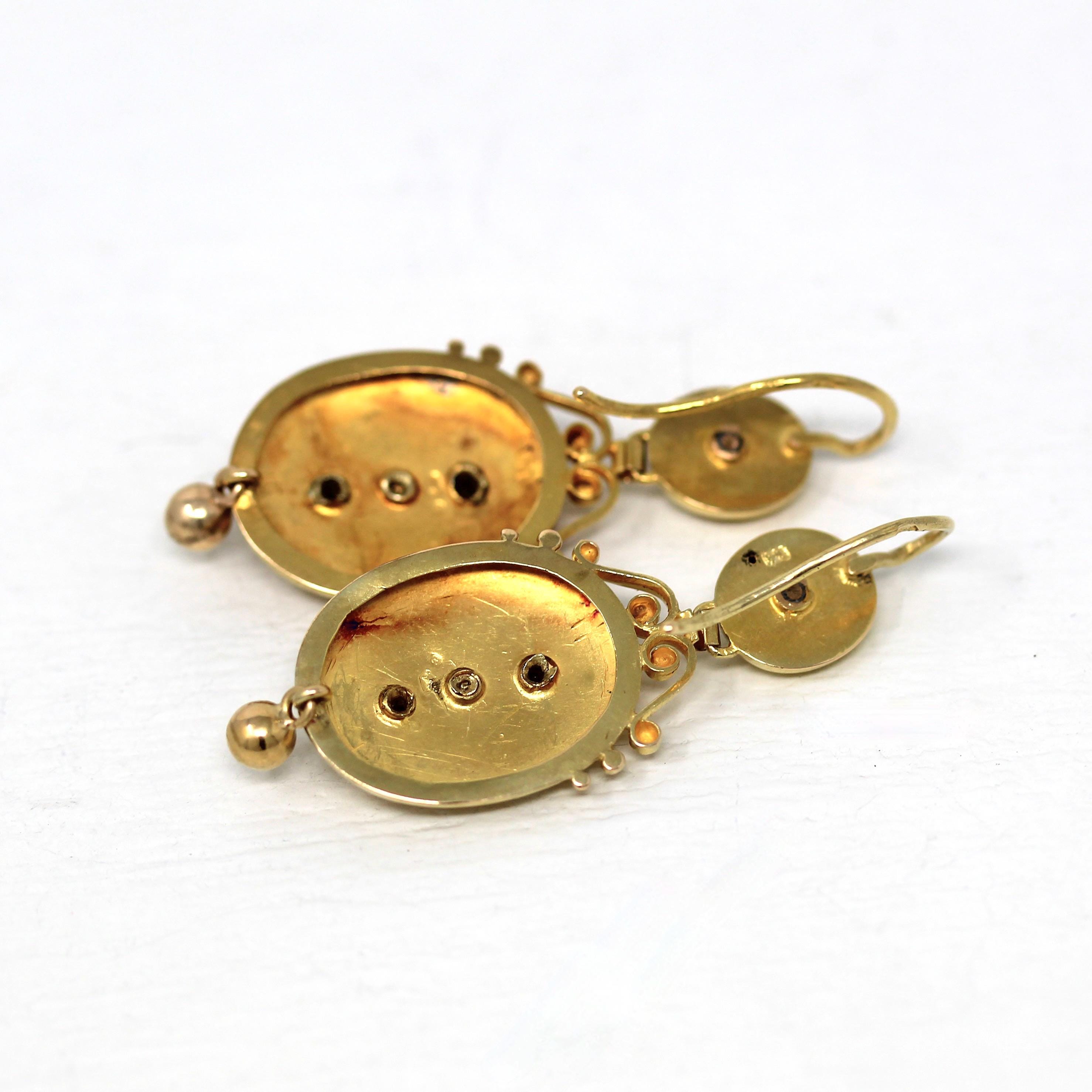 Victorian Etruscan Earrings - Antique 14k Yellow Gold Dangle Cultured Pearls - Vintage 1870s Ornate Revival Fine Bridal Wedding Jewelry