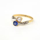 Toi Et Moi Ring - Antique 18k Yellow Gold & Platinum Created Sapphire Cultured Pearl Diamond Bypass - Circa 1910s Size 7 3/4 Fine Jewelry