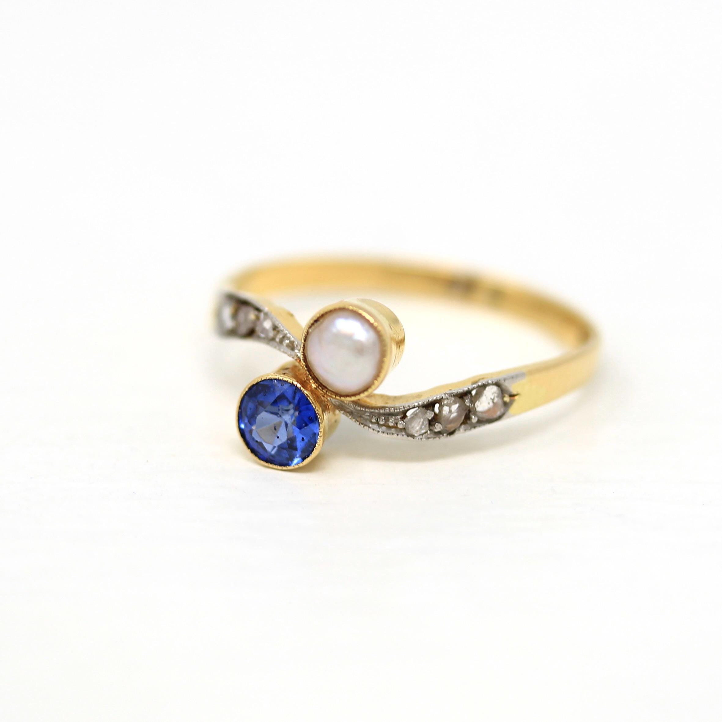 Toi Et Moi Ring - Antique 18k Yellow Gold & Platinum Created Sapphire Cultured Pearl Diamond Bypass - Circa 1910s Size 7 3/4 Fine Jewelry