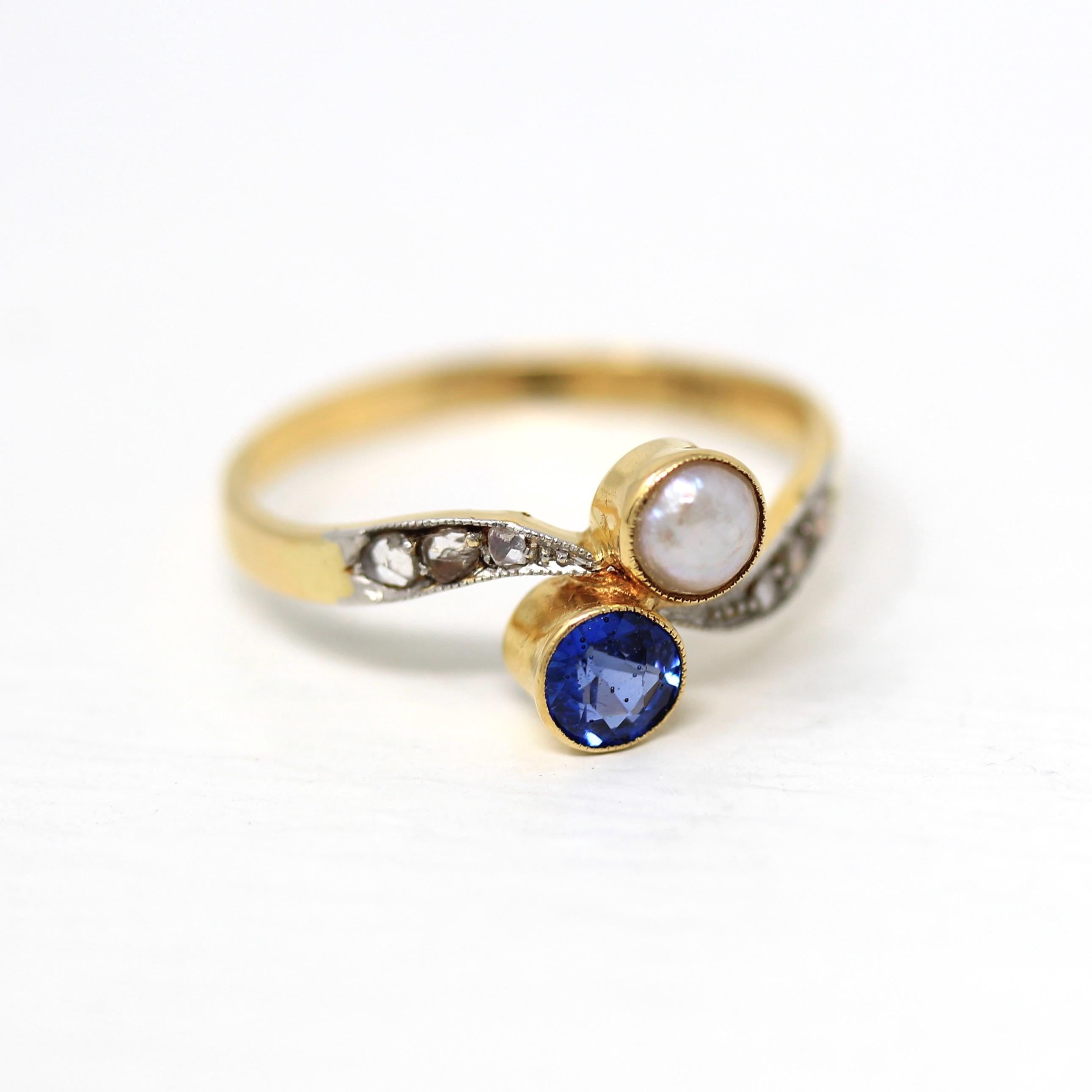 Toi Et Moi Ring - Antique 18k Yellow Gold & Platinum Created Sapphire Cultured Pearl Diamond Bypass - Circa 1910s Size 7 3/4 Fine Jewelry