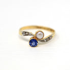 Toi Et Moi Ring - Antique 18k Yellow Gold & Platinum Created Sapphire Cultured Pearl Diamond Bypass - Circa 1910s Size 7 3/4 Fine Jewelry