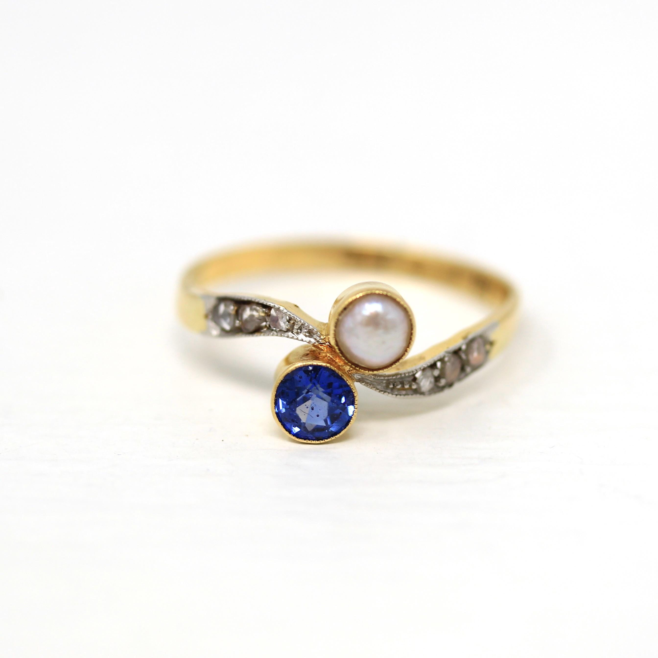 Toi Et Moi Ring - Antique 18k Yellow Gold & Platinum Created Sapphire Cultured Pearl Diamond Bypass - Circa 1910s Size 7 3/4 Fine Jewelry