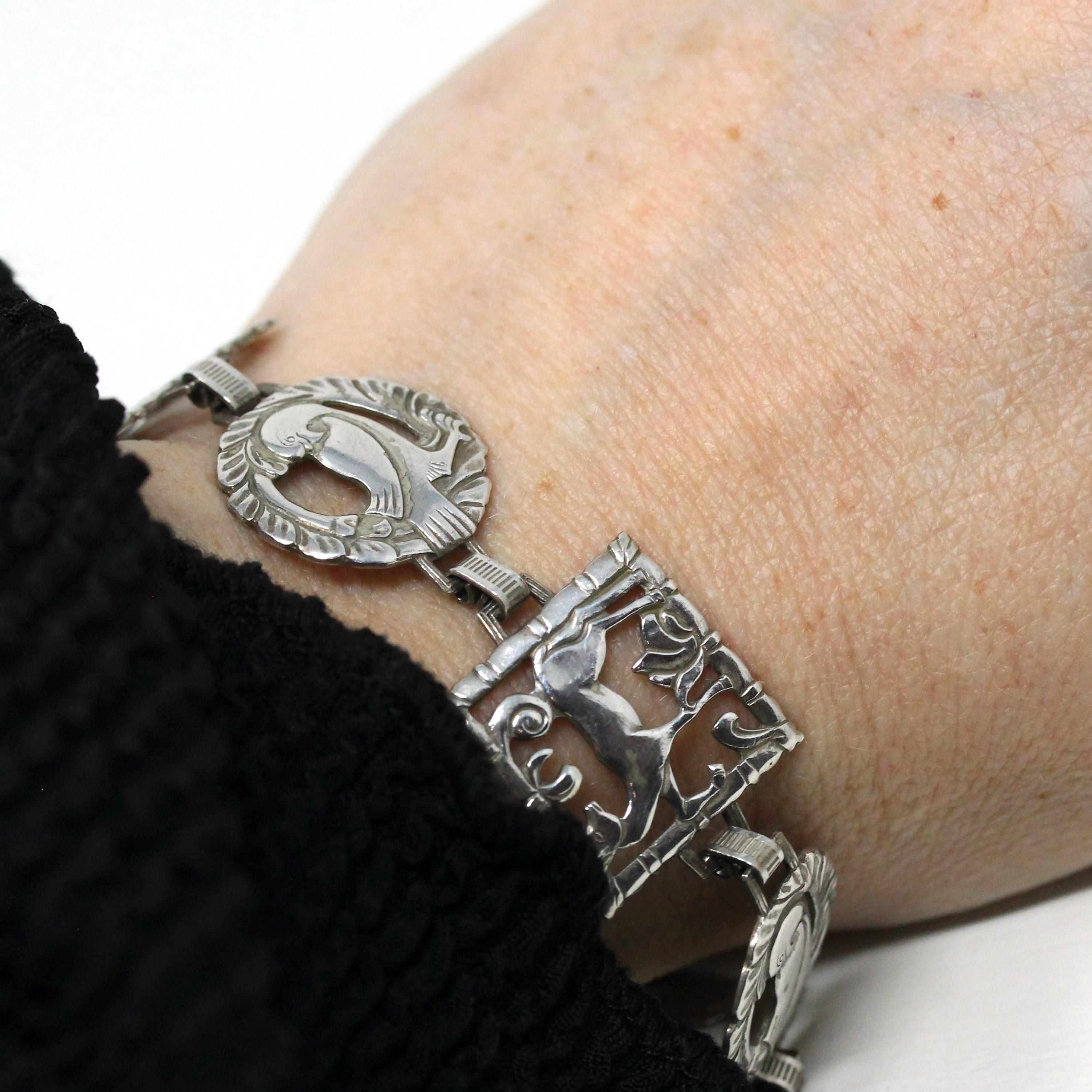 Retro Animal Bracelet - Vintage Sterling Silver Dove & Deer Fashion Accessory - Circa 1940s Era Wildlife Statement Jewelry