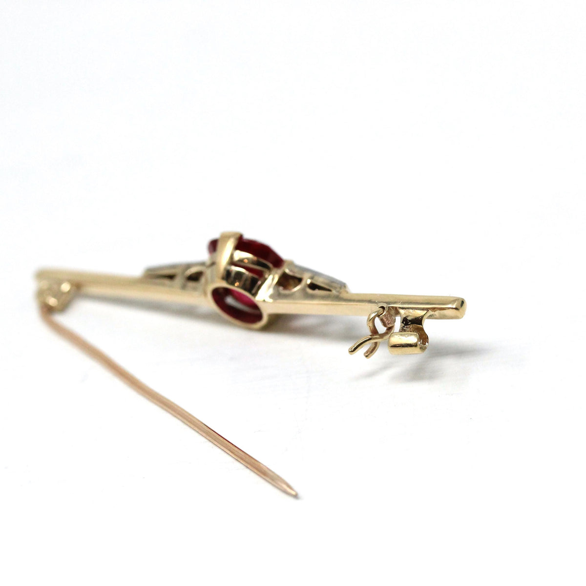 Created Ruby Brooch - Art Deco 10k Yellow & White Two Tone Gold Red Stone And Diamond Pin - Vintage 1930s Era Fine Statement Accessory