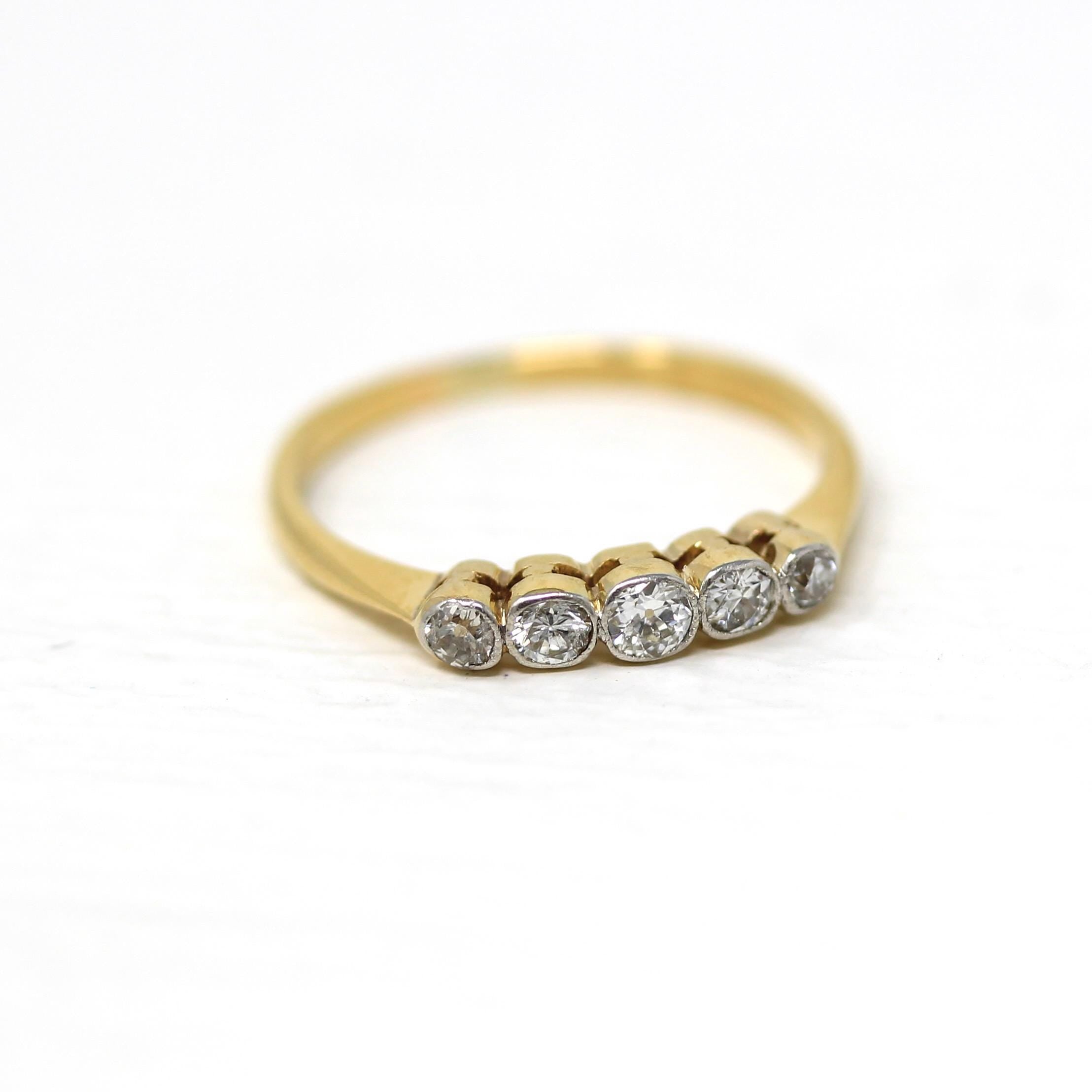 Edwardian Diamond Band - Antique 18k Yellow Gold Platinum .21 CTW Natural Gemstone Wedding Ring - Circa 1910s English Fine Stacking Jewelry