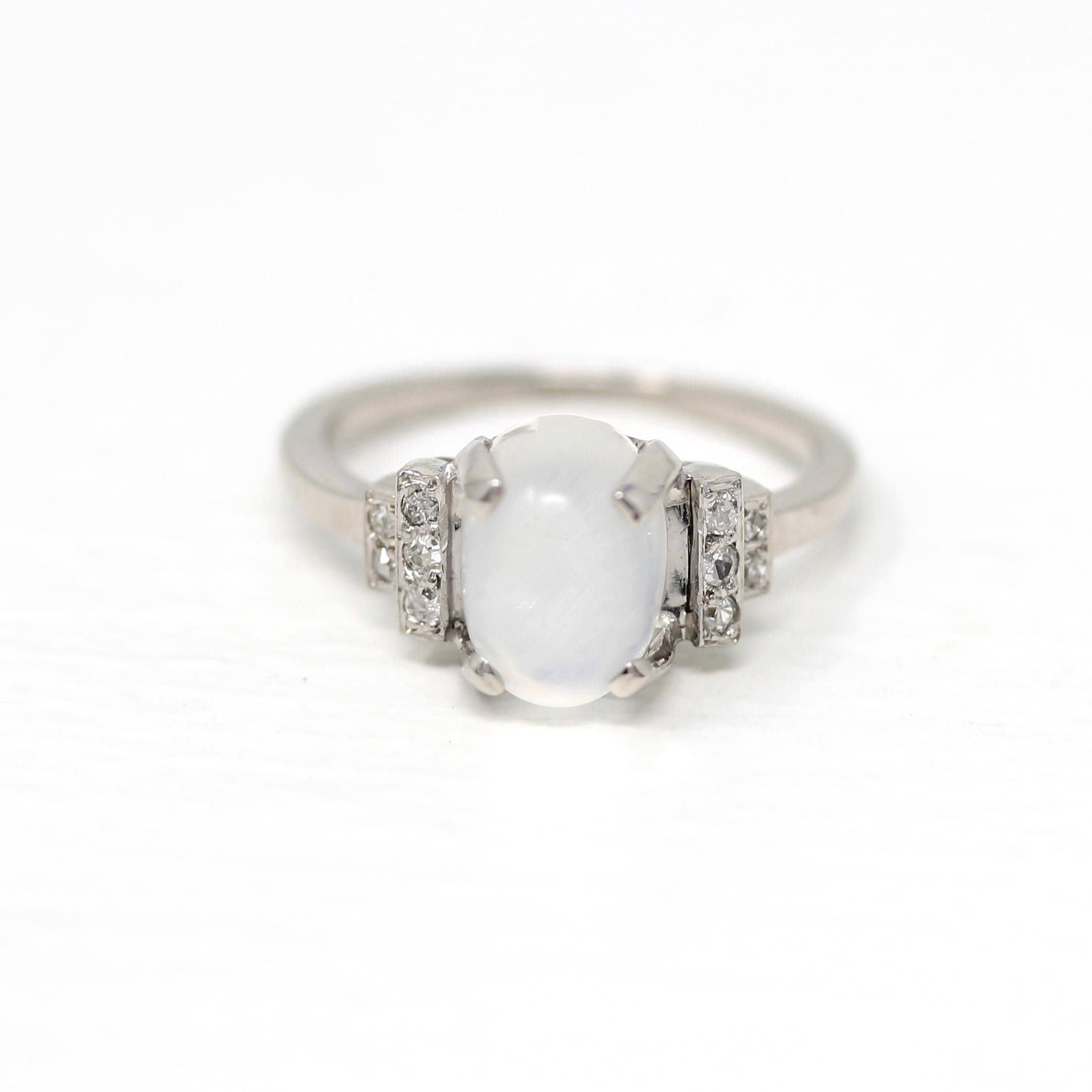 Vintage Moonstone Ring - Mid Century 18k White Gold Natural Cabochon Cut Gem - Circa 1950s Size 6 Genuine Diamonds June Fine 50s Jewelry