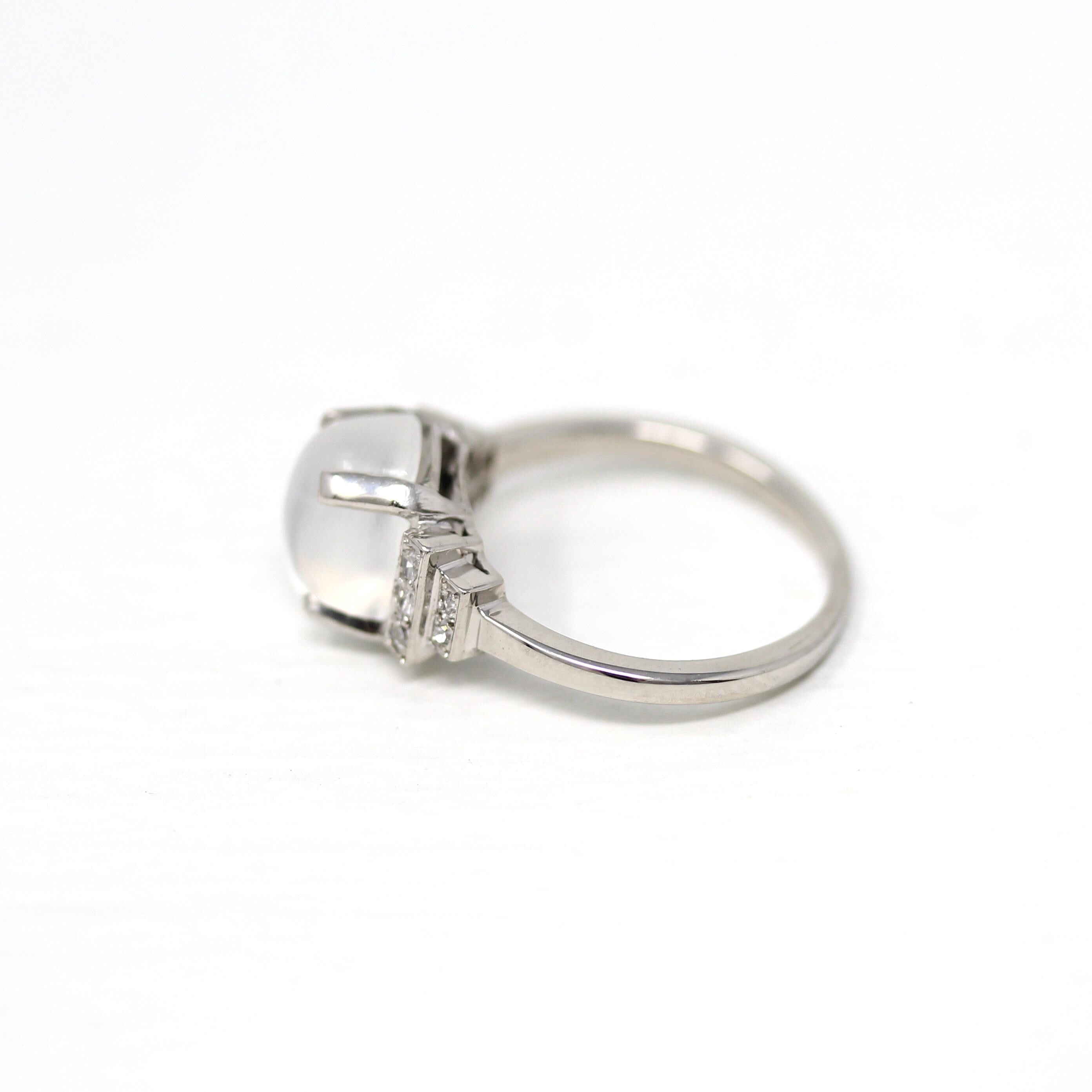 Vintage Moonstone Ring - Mid Century 18k White Gold Natural Cabochon Cut Gem - Circa 1950s Size 6 Genuine Diamonds June Fine 50s Jewelry