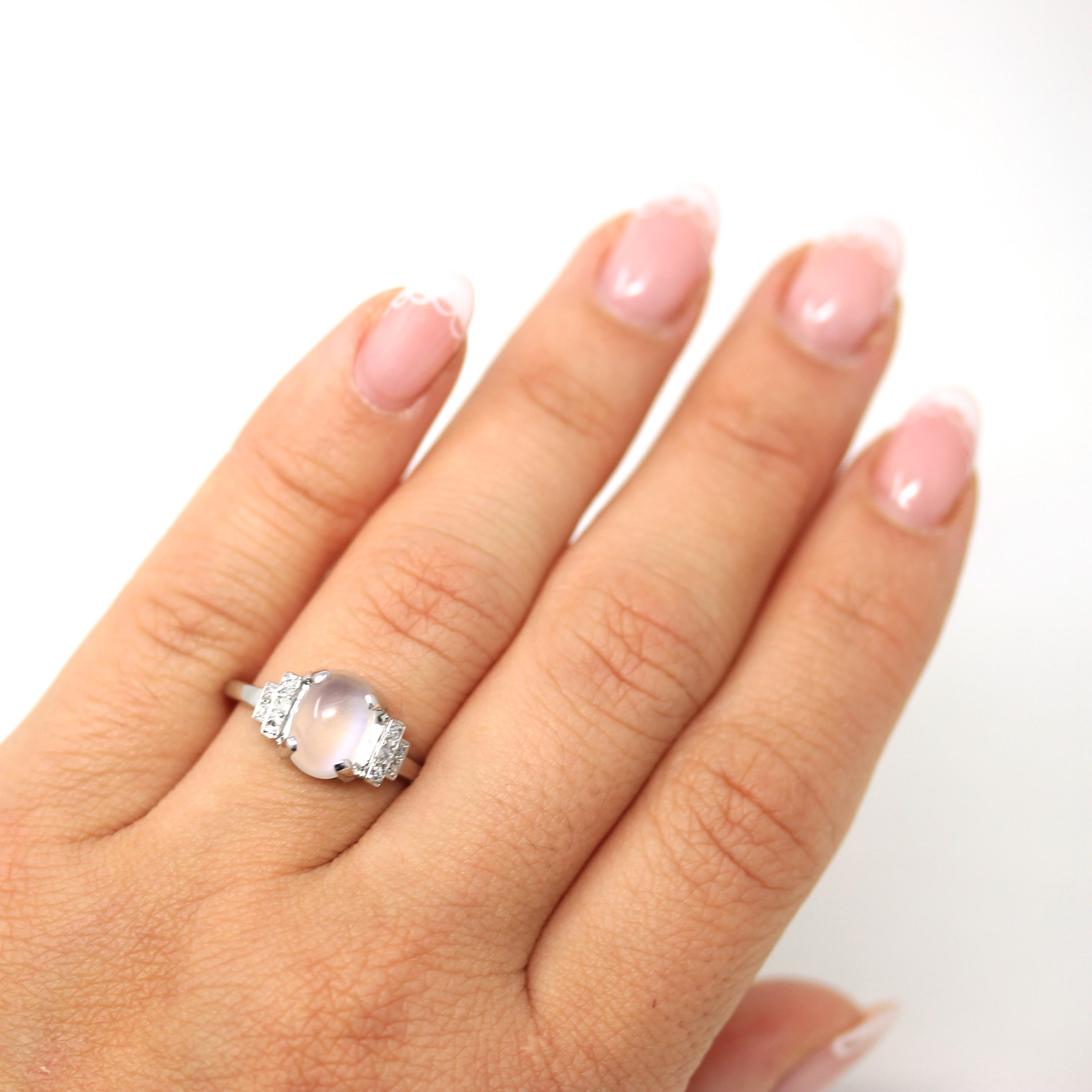 Vintage Moonstone Ring - Mid Century 18k White Gold Natural Cabochon Cut Gem - Circa 1950s Size 6 Genuine Diamonds June Fine 50s Jewelry