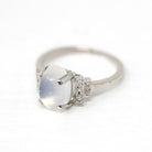 Vintage Moonstone Ring - Mid Century 18k White Gold Natural Cabochon Cut Gem - Circa 1950s Size 6 Genuine Diamonds June Fine 50s Jewelry