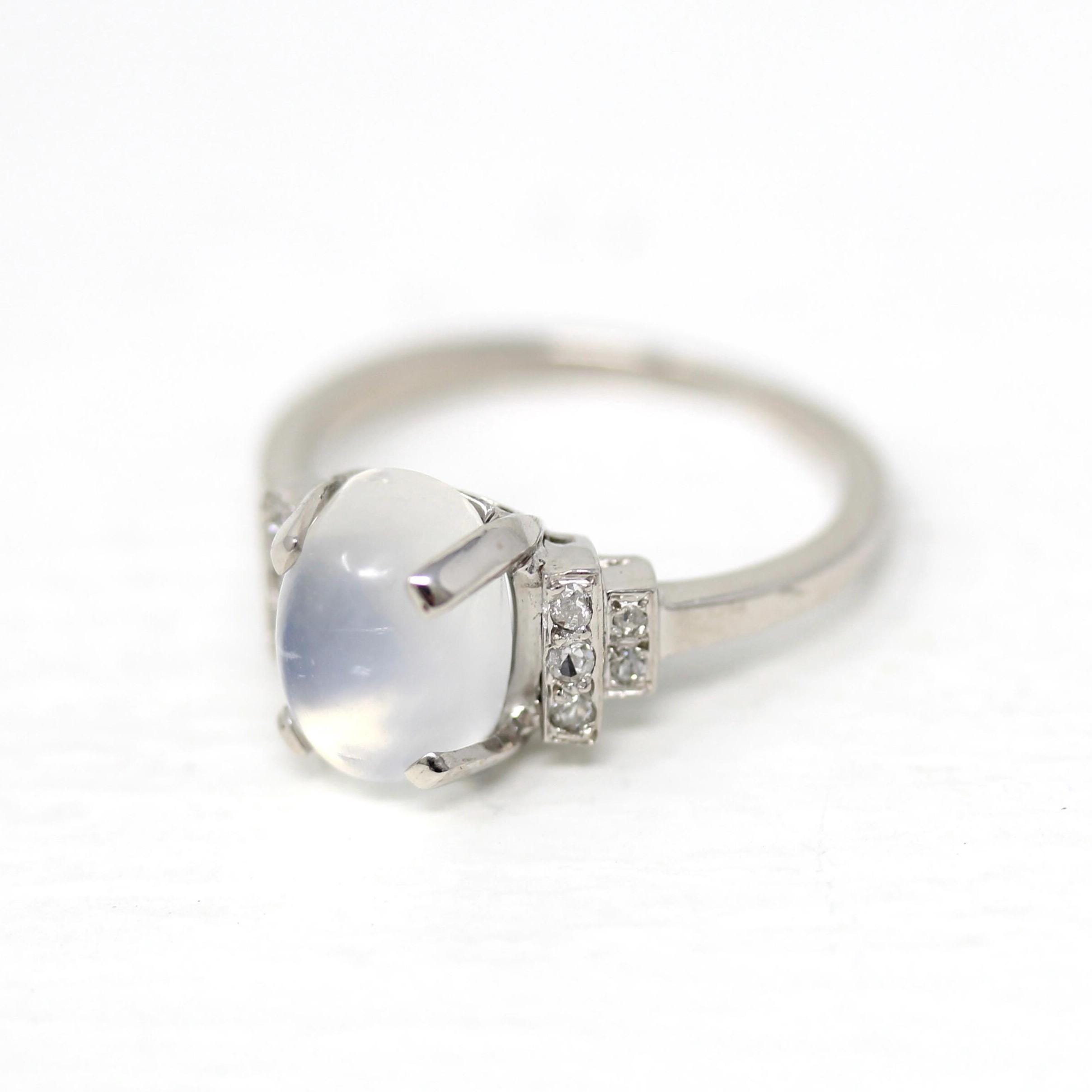 Vintage Moonstone Ring - Mid Century 18k White Gold Natural Cabochon Cut Gem - Circa 1950s Size 6 Genuine Diamonds June Fine 50s Jewelry