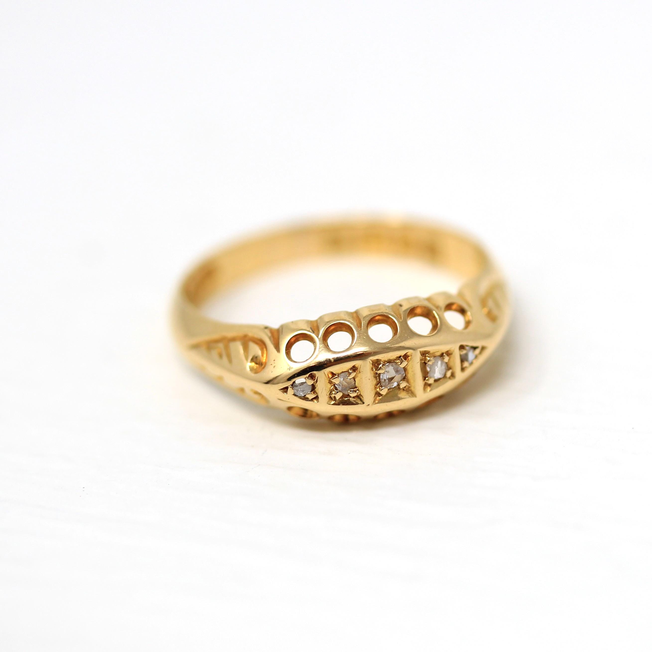 Antique Diamond Band - Edwardian 18k Yellow Gold Natural .05 CTW Five Stone Ring - Hallmark Date 1906 Chester England Fine Bridal Jewelry
