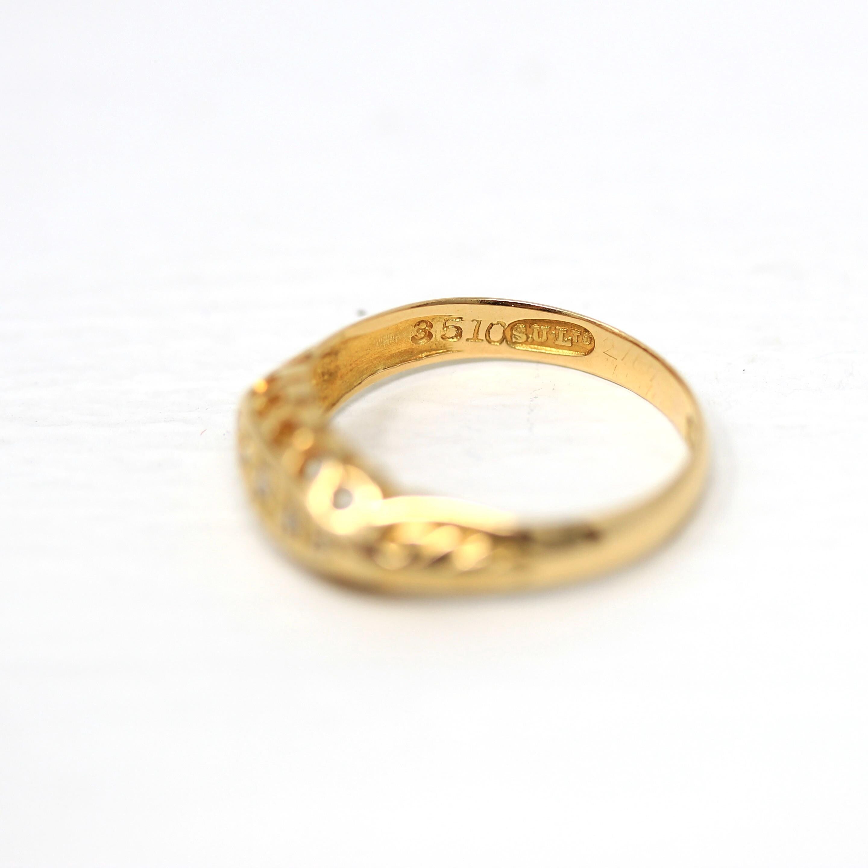 Antique Diamond Band - Edwardian 18k Yellow Gold Natural .05 CTW Five Stone Ring - Hallmark Date 1906 Chester England Fine Bridal Jewelry