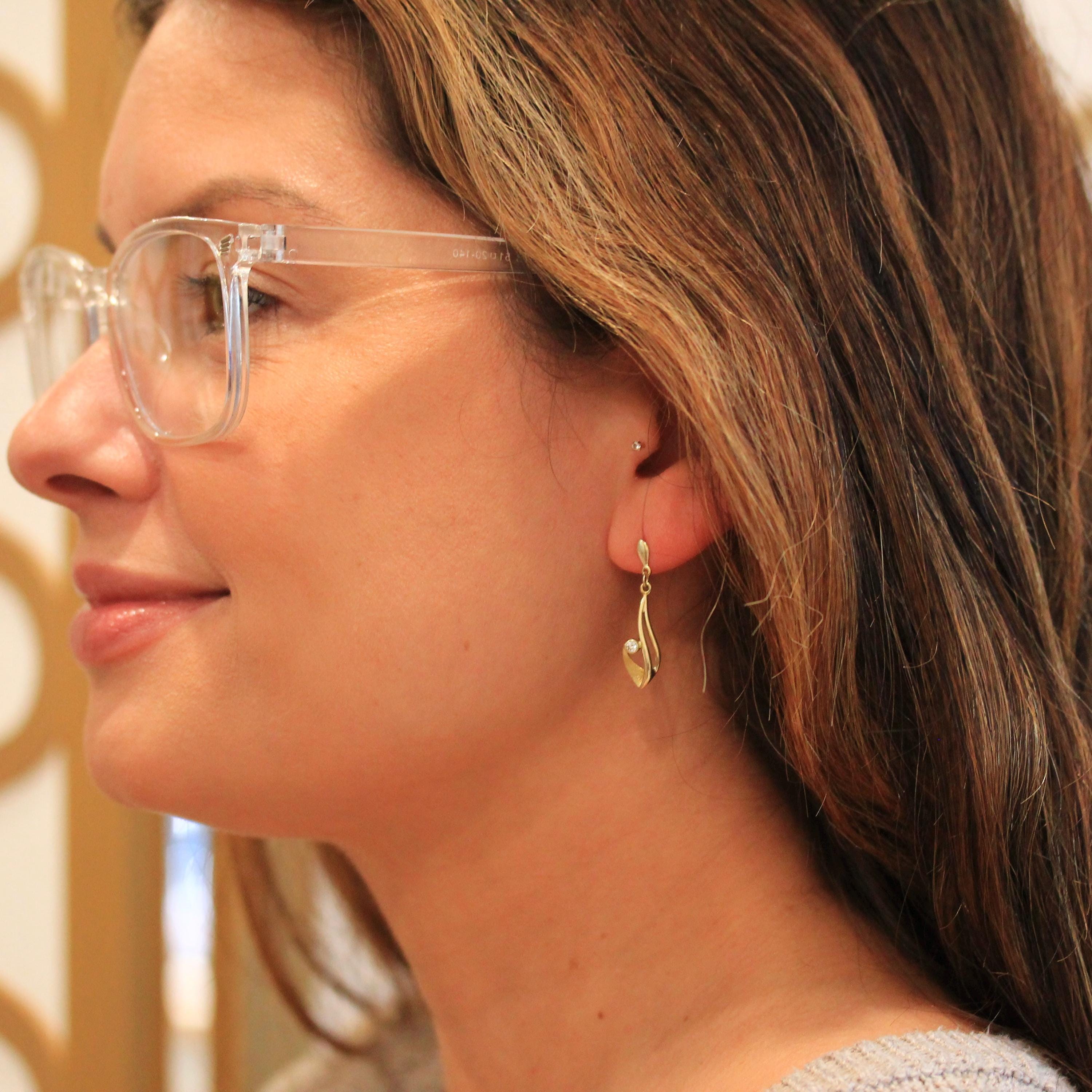 Cubic Zirconia Earrings - Modern 10k Yellow Gold Pierced Push Backs Dangle Drop Style - Estate Circa 2000's Era Fashion Accessory Jewelry